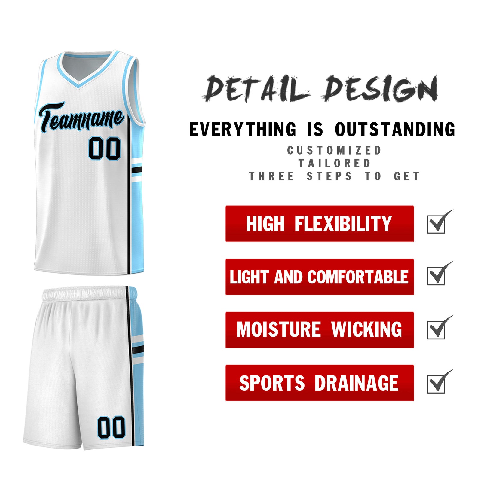 Custom Youth Basketball Jersey - White Light Blue Two-Tone Varsity Jersey Set