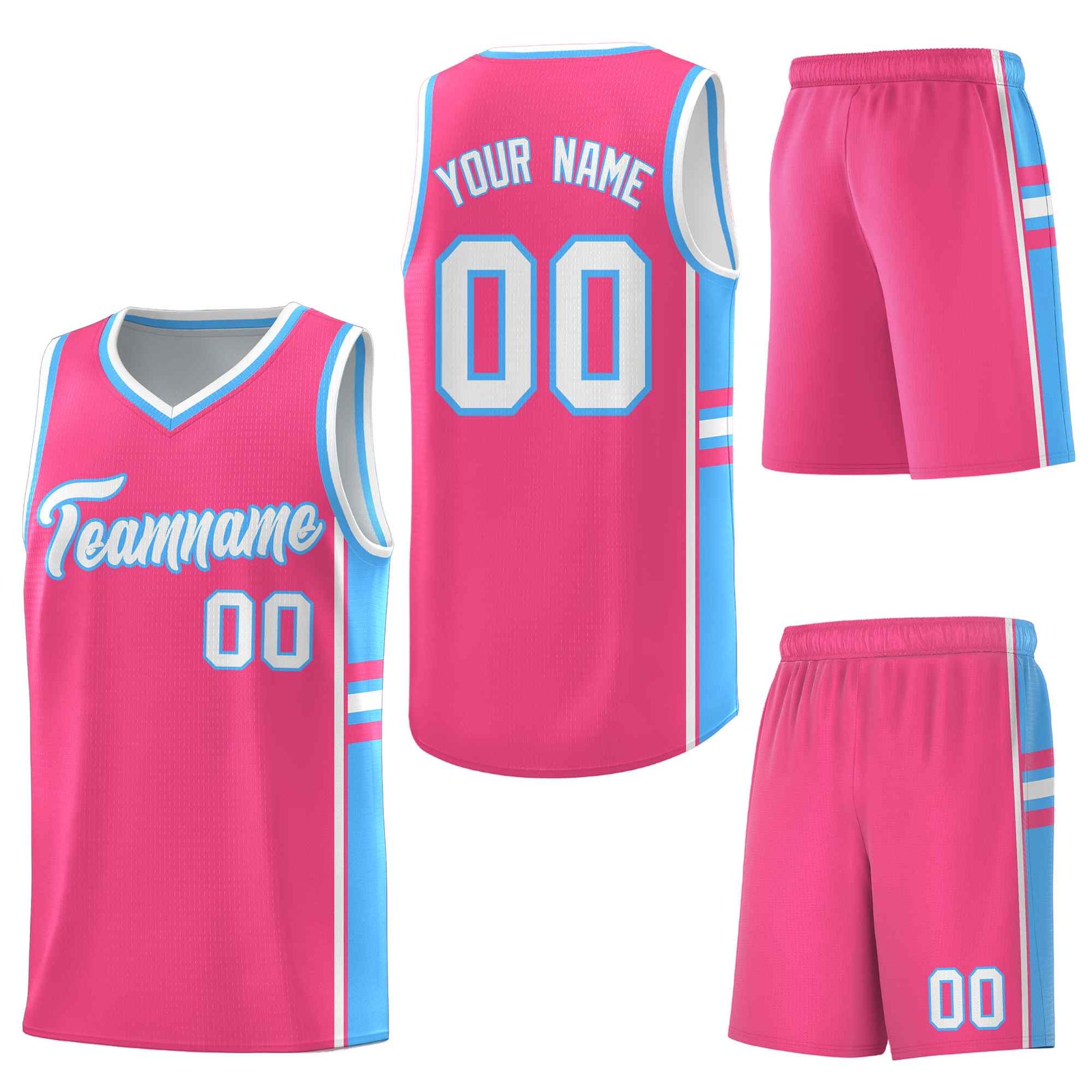 Custom Pink Powder Blue Classic Color Block Drapable Varsity Uniform Basketball Jersey