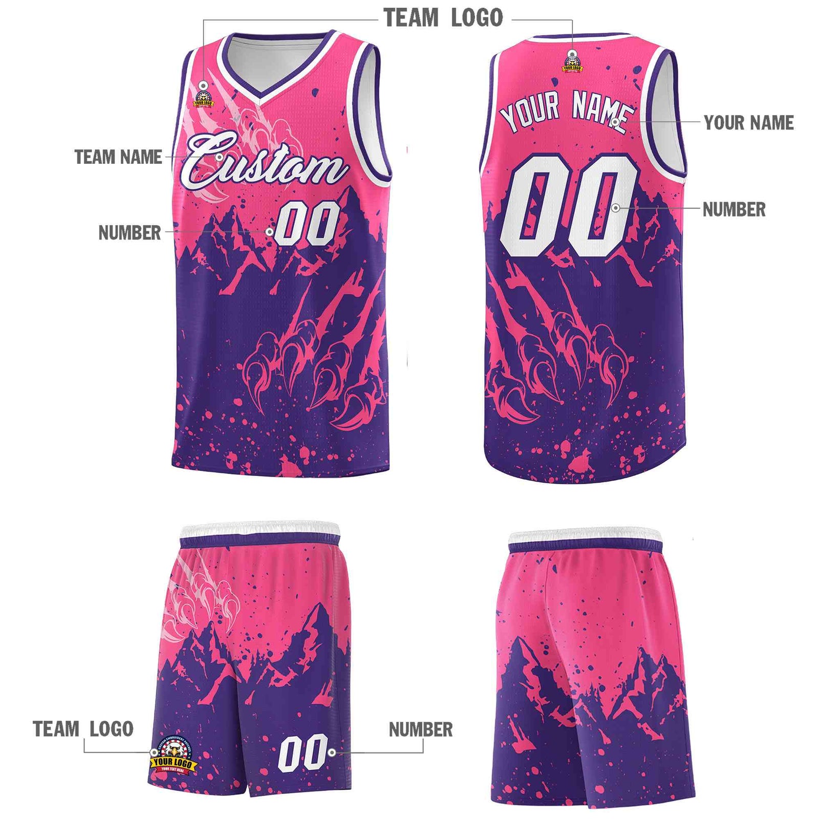 Custom Pink Purple Snow Mountain Beast Pattern Sports Uniform Basketball Jersey