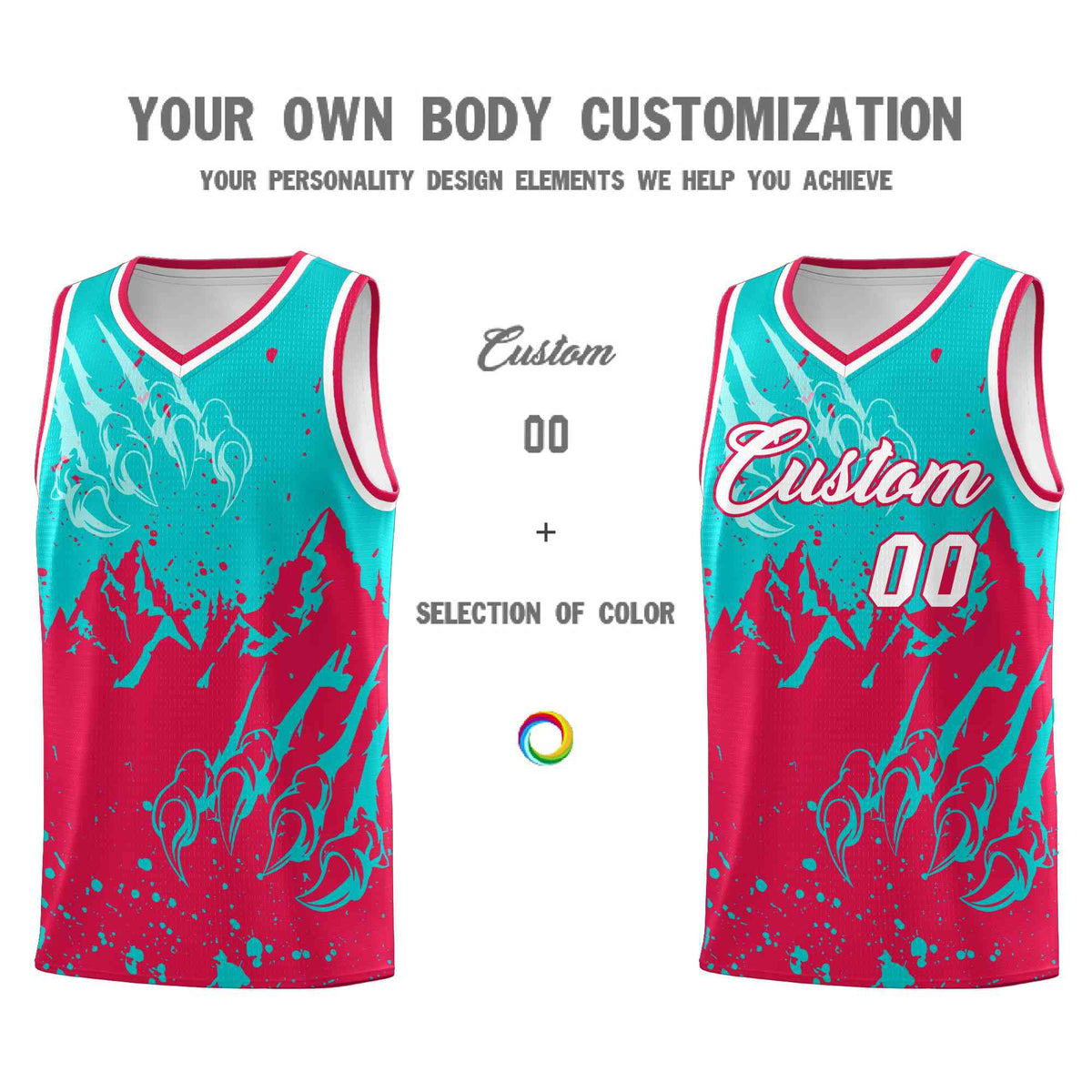 Custom Aqua Red Snow Mountain Beast Pattern Sports Uniform Basketball Jersey