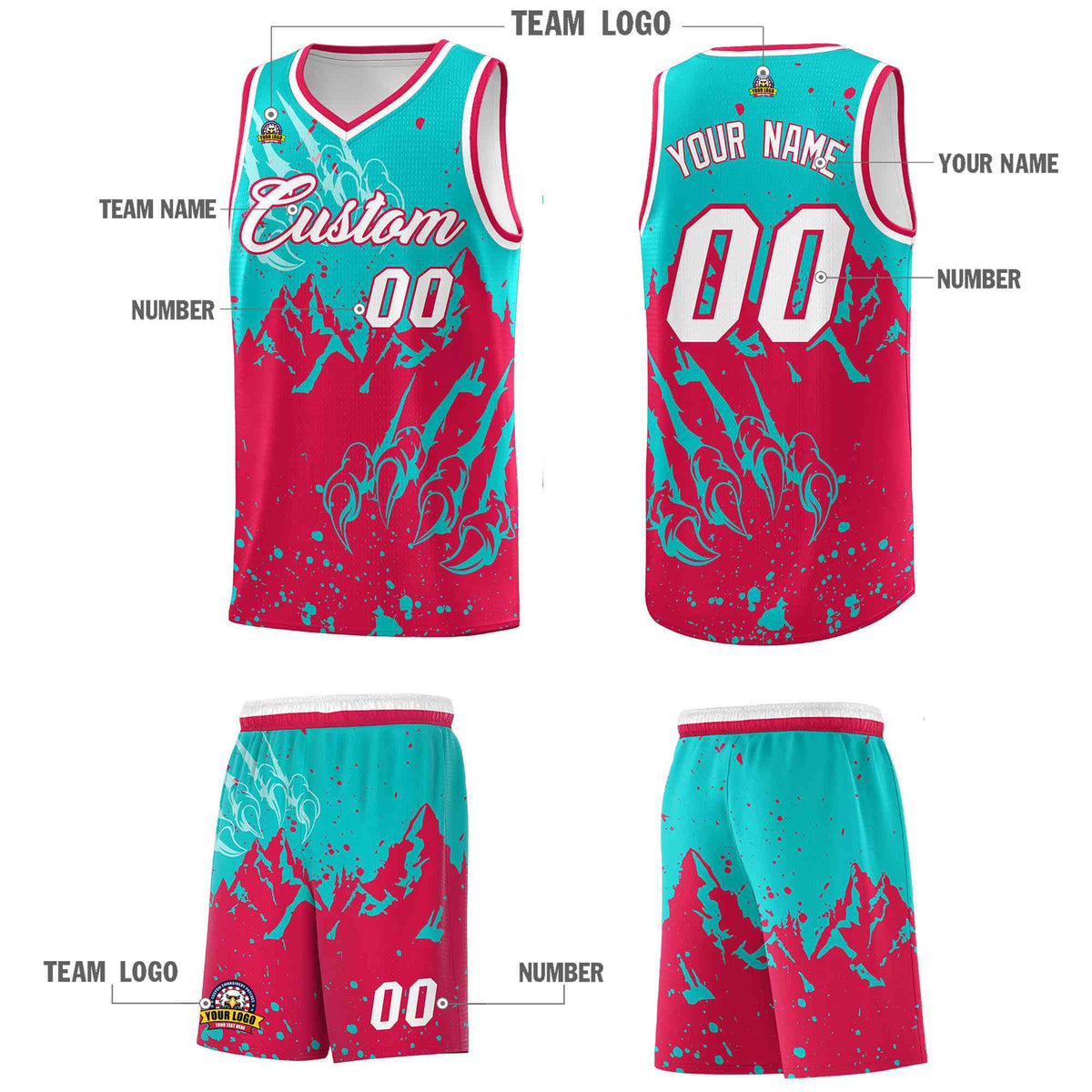 Custom Aqua Red Snow Mountain Beast Pattern Sports Uniform Basketball Jersey