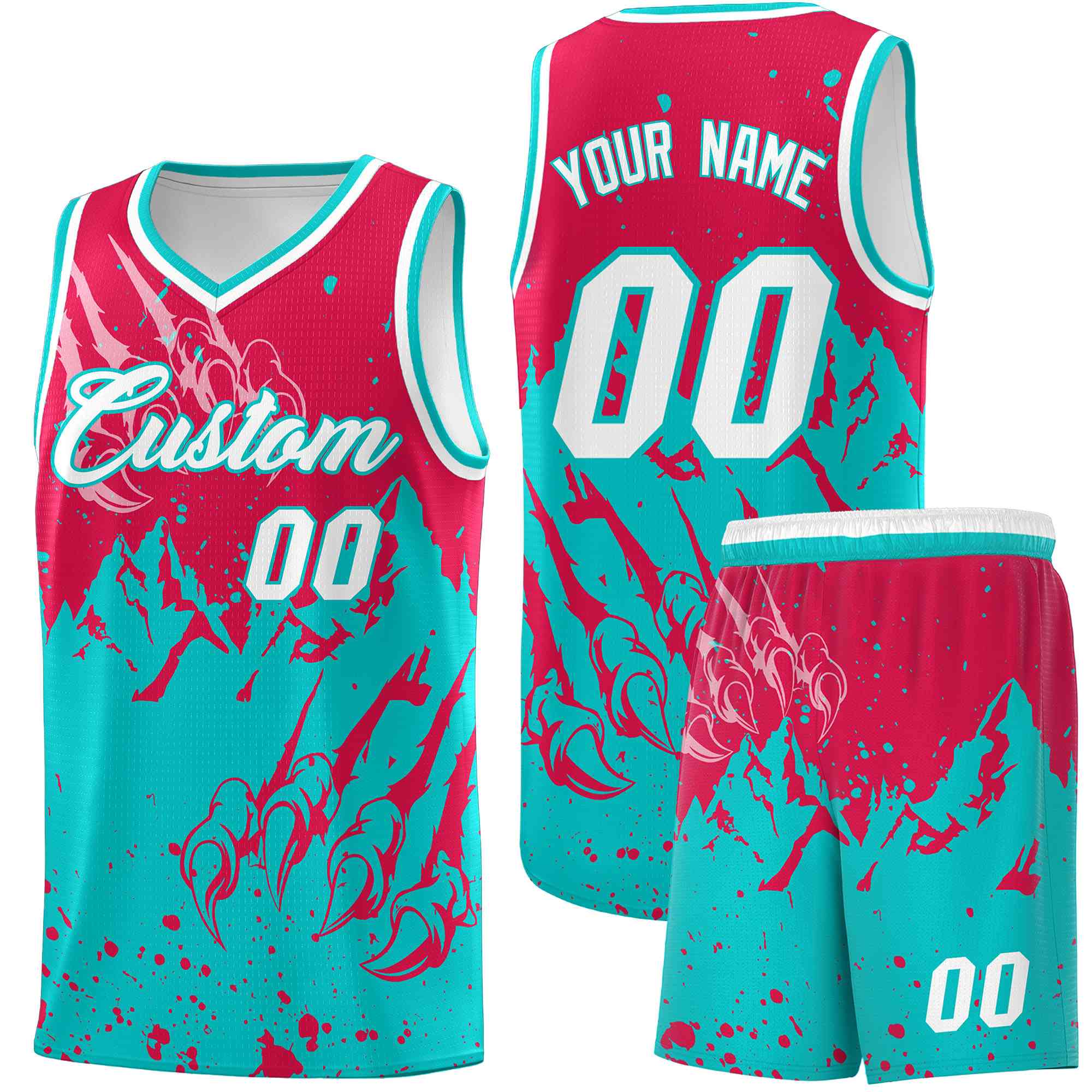 Custom Red Aqua Snow Mountain Beast Pattern Sports Uniform Basketball Jersey