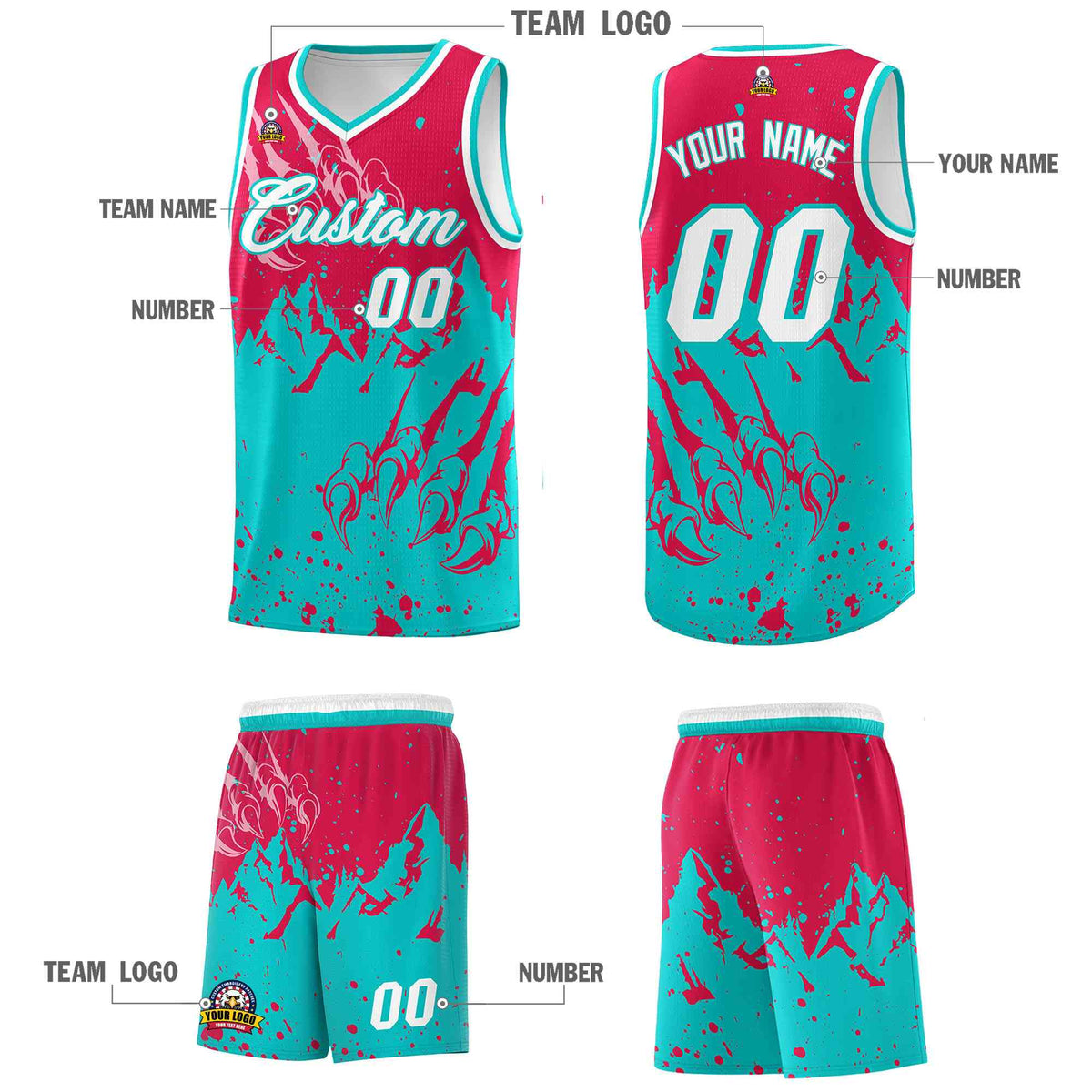 Custom Red Aqua Snow Mountain Beast Pattern Sports Uniform Basketball Jersey