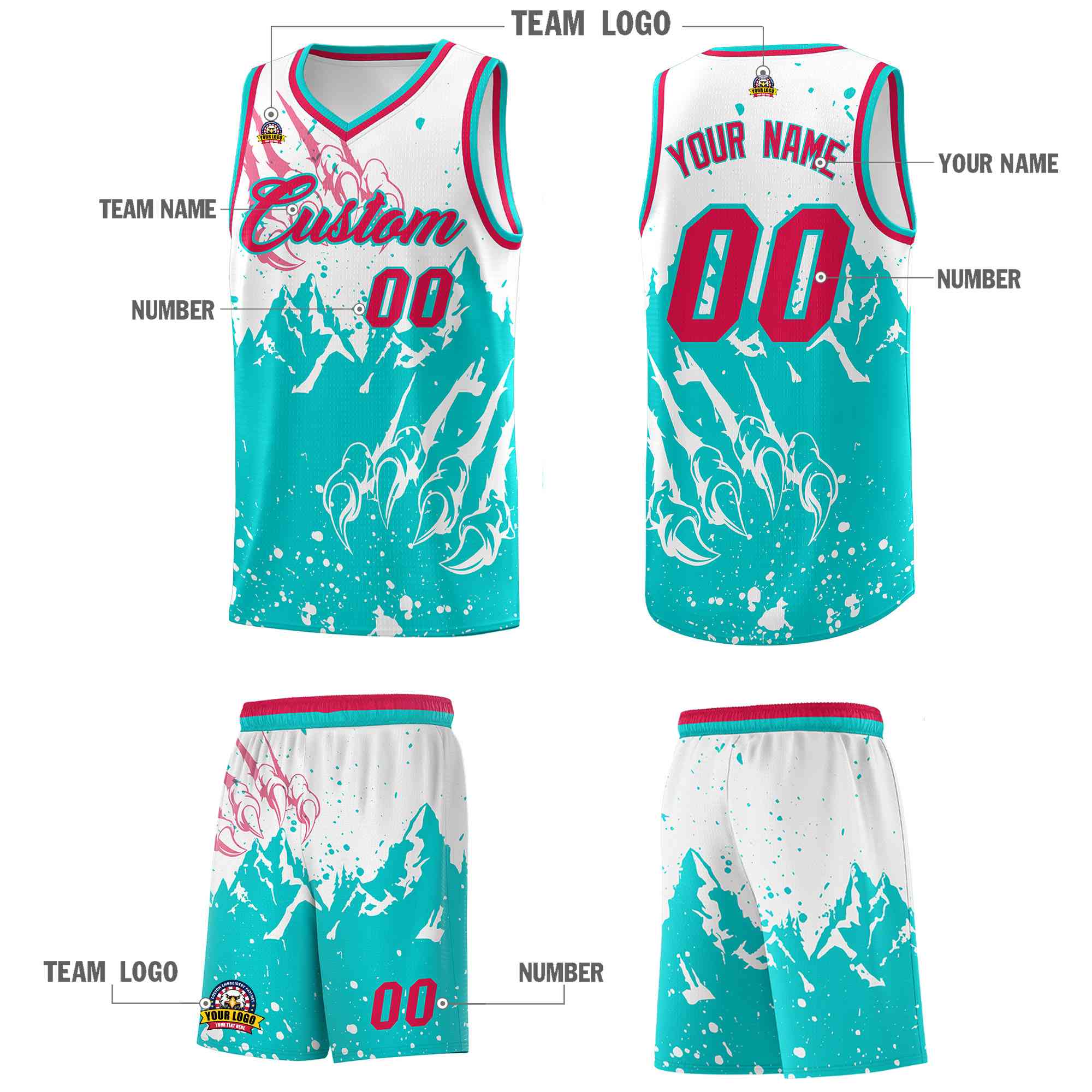 Custom White Aqua Snow Mountain Beast Pattern Sports Uniform Basketball Jersey