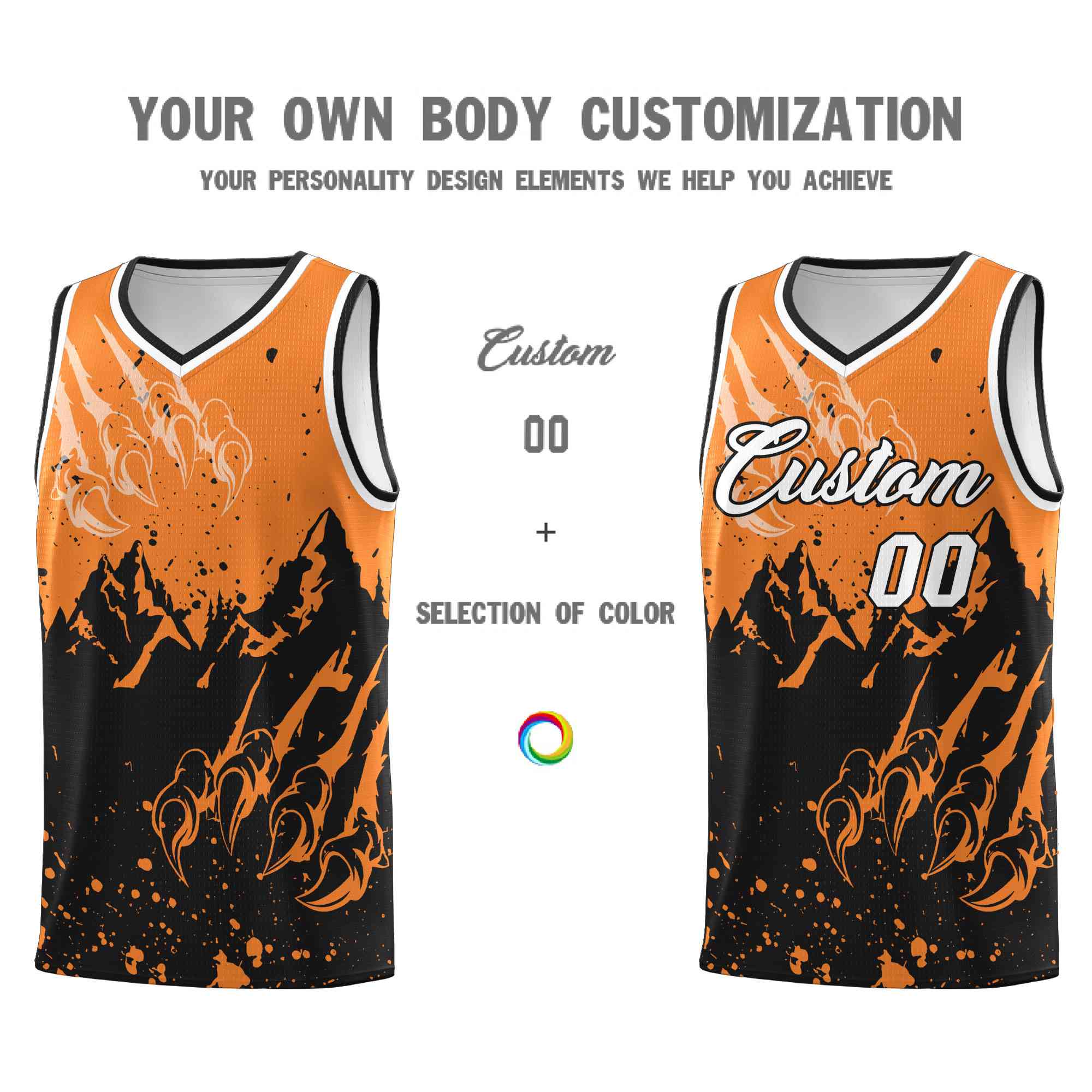 Custom Gold Orange Black Snow Mountain Beast Pattern Sports Uniform Basketball Jersey
