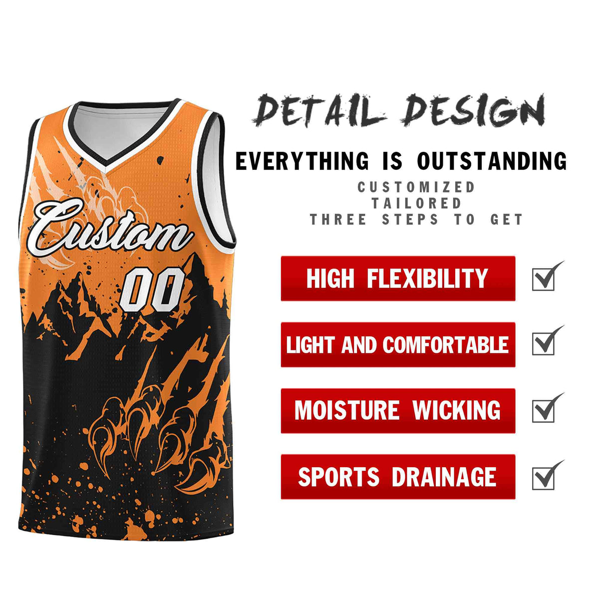 Custom Gold Orange Black Snow Mountain Beast Pattern Sports Uniform Basketball Jersey