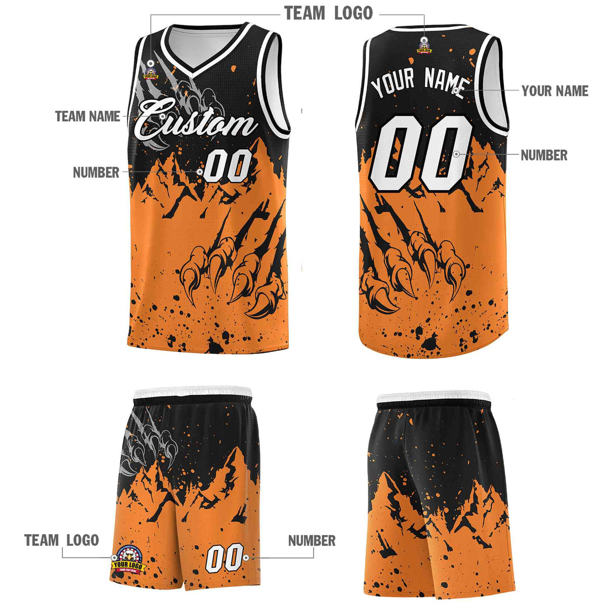 Custom Black Gold Orange Snow Mountain Beast Pattern Sports Uniform Basketball Jersey