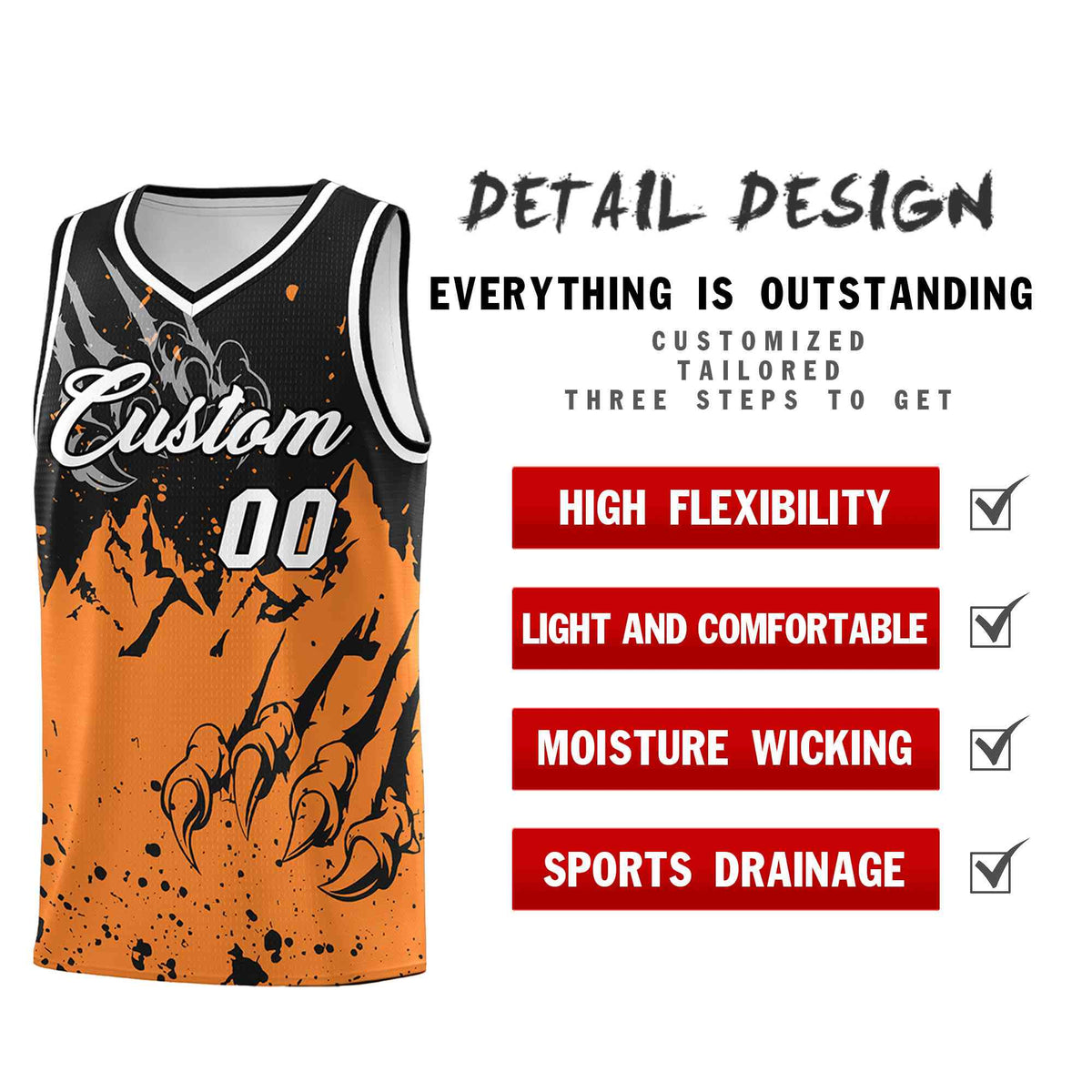 Custom Black Gold Orange Snow Mountain Beast Pattern Sports Uniform Basketball Jersey