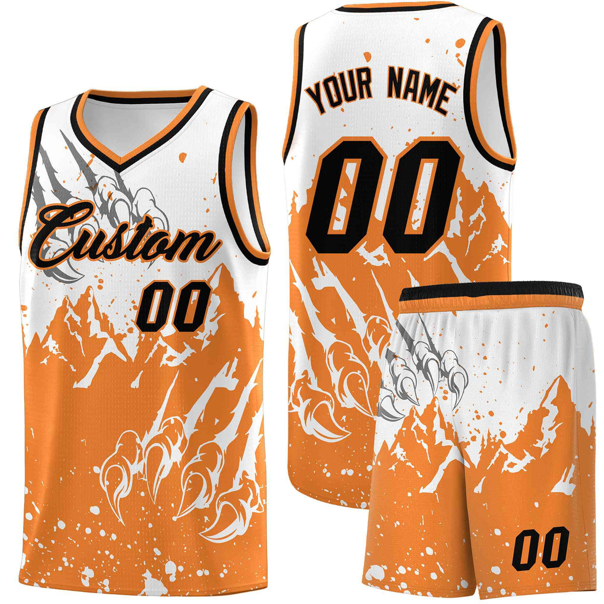 Custom White Gold Orange Snow Mountain Beast Pattern Sports Uniform Basketball Jersey
