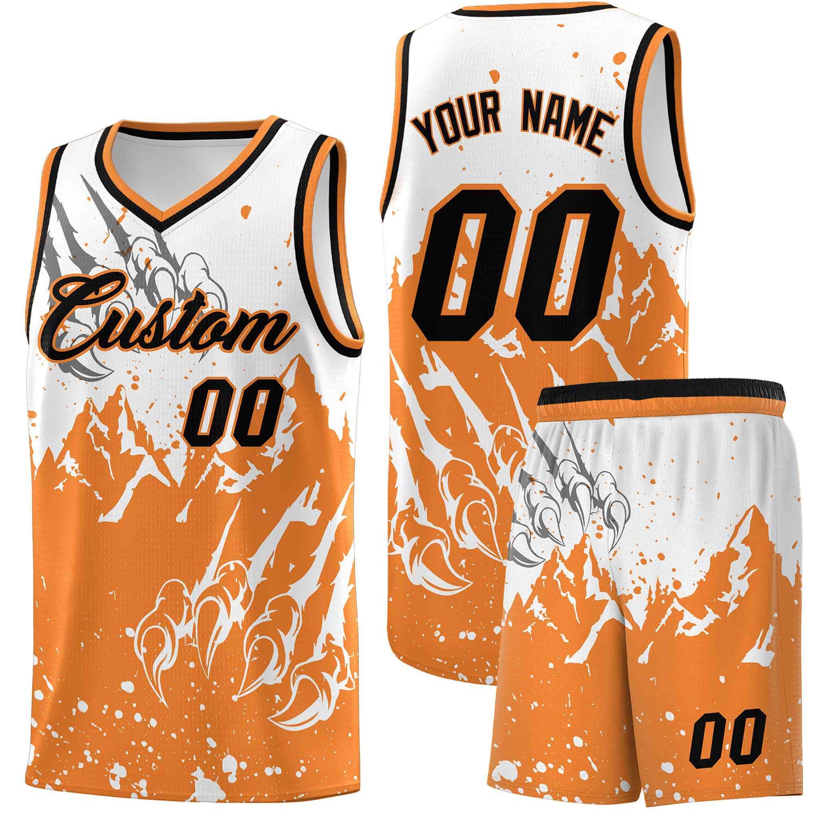 Custom White Gold Orange Snow Mountain Beast Pattern Sports Uniform Basketball Jersey
