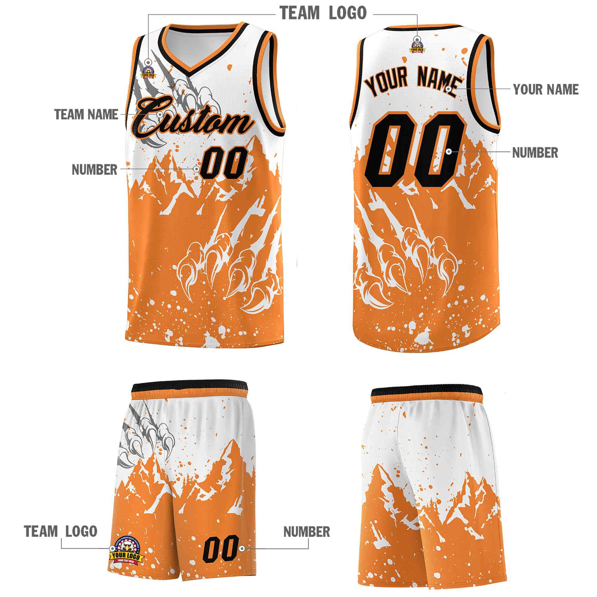 Custom White Gold Orange Snow Mountain Beast Pattern Sports Uniform Basketball Jersey