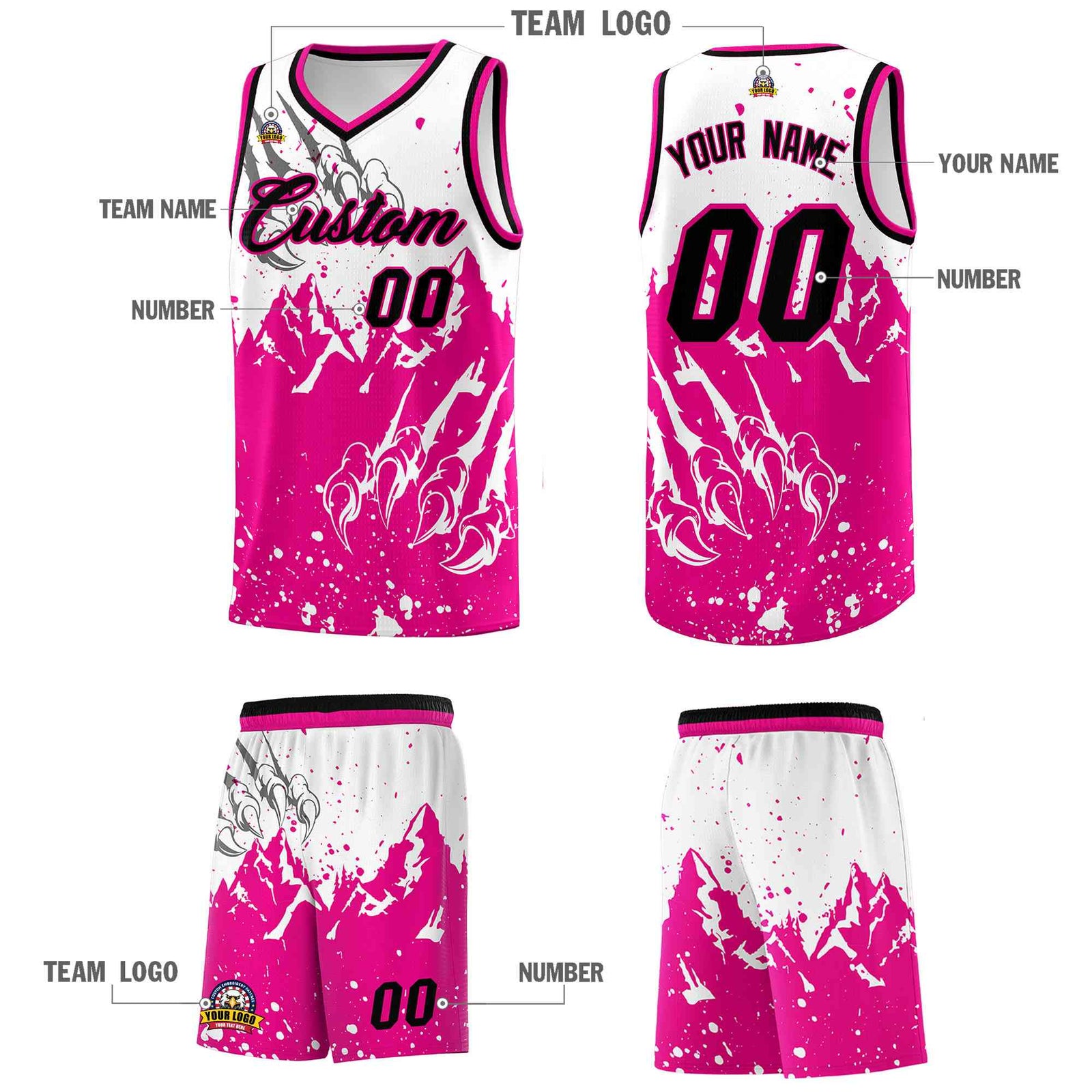 Custom White Pink Snow Mountain Beast Pattern Sports Uniform Basketball Jersey