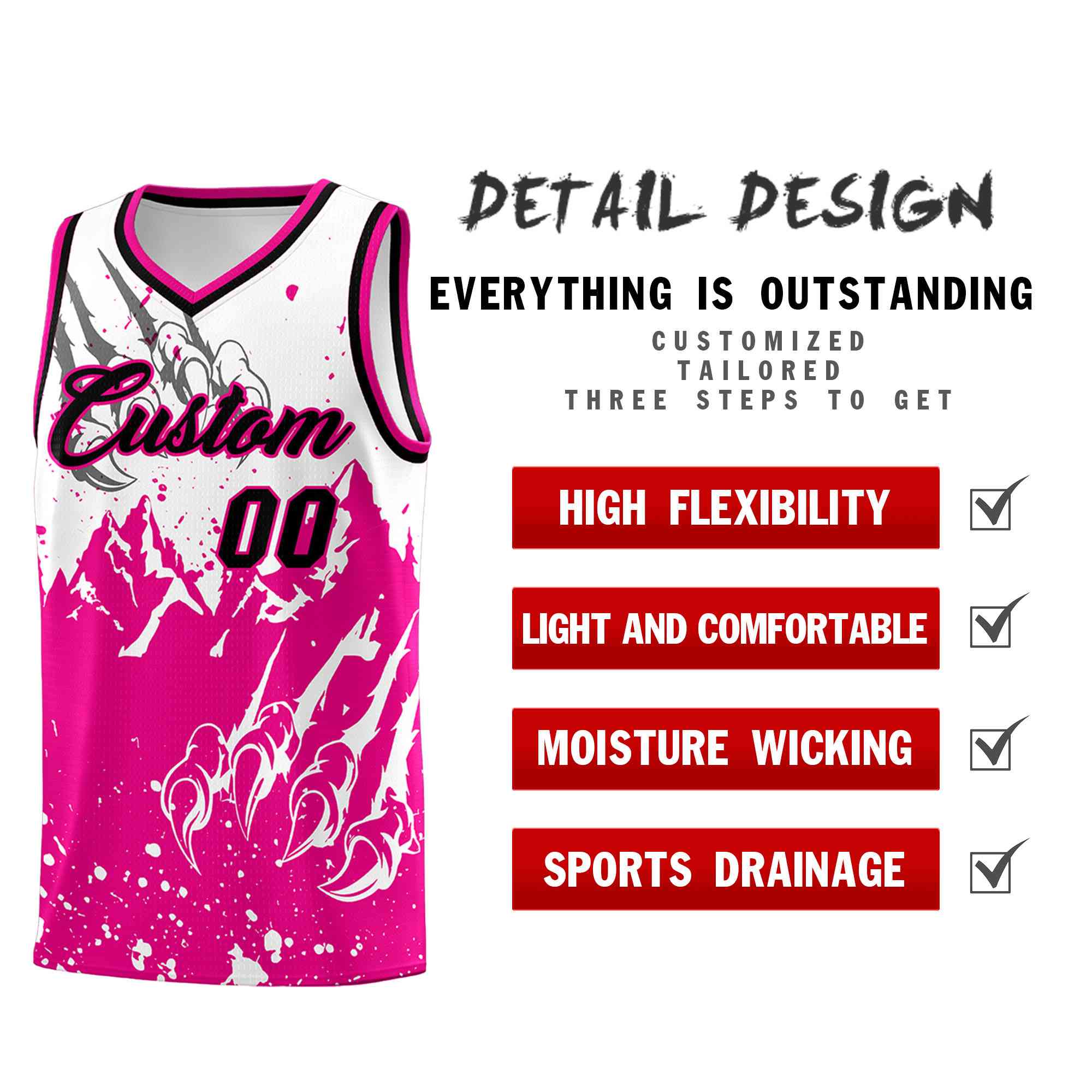 Custom White Pink Snow Mountain Beast Pattern Sports Uniform Basketball Jersey