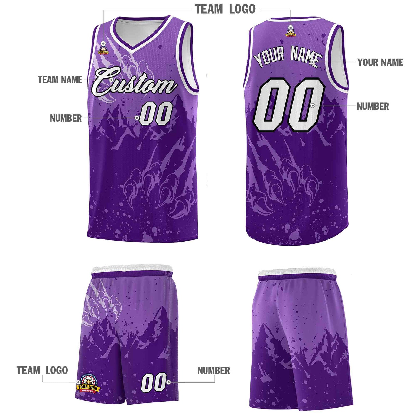 Custom Light Purple Purple Snow Mountain Beast Pattern Sports Uniform Basketball Jersey