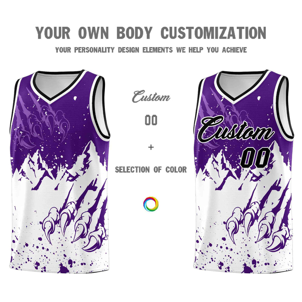 Custom Purple White Snow Mountain Beast Pattern Sports Uniform Basketball Jersey