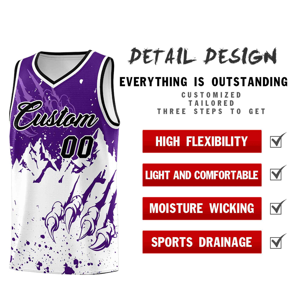 Custom Purple White Snow Mountain Beast Pattern Sports Uniform Basketball Jersey