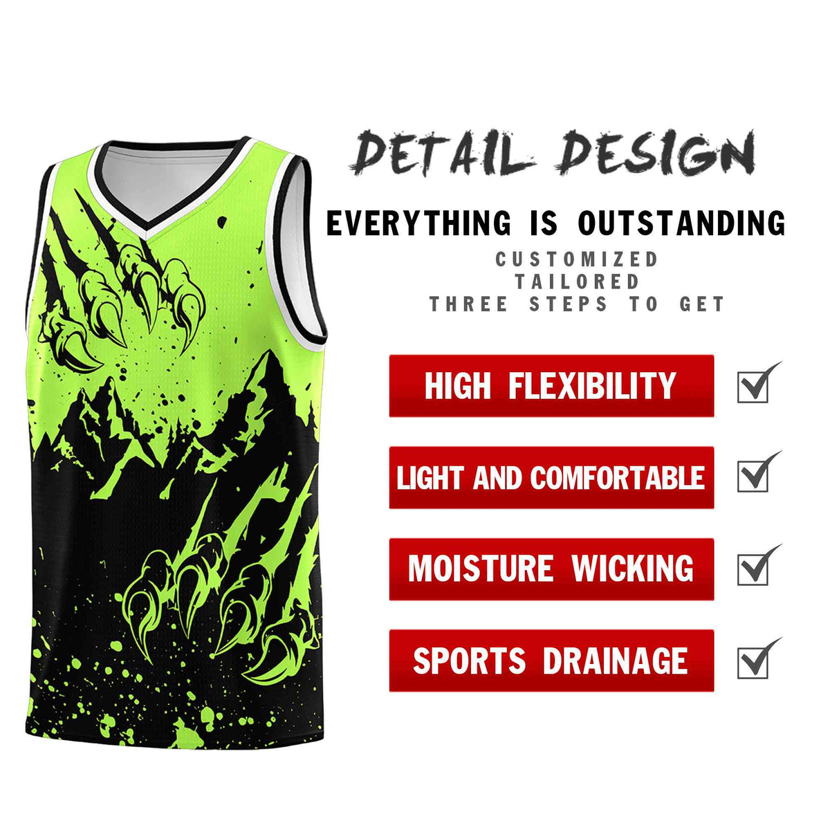 Custom Fluorescent Green Black Snow Mountain Beast Pattern Sports Uniform Basketball Jersey