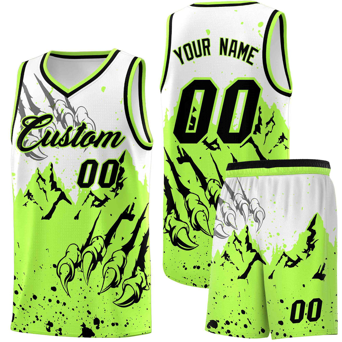 Custom White Fluorescent Green Snow Mountain Beast Pattern Sports Uniform Basketball Jersey