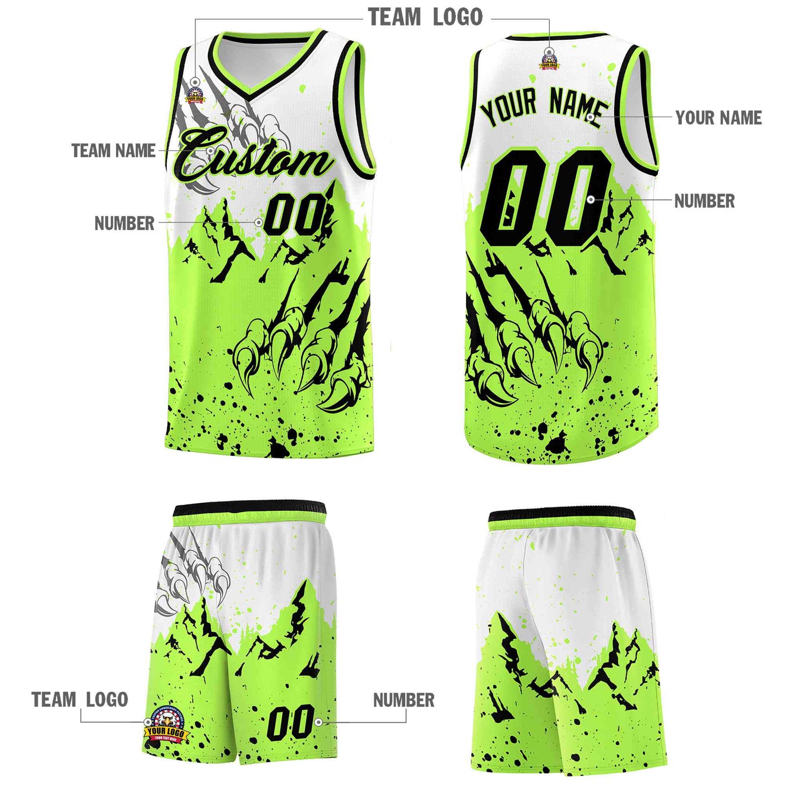 Custom White Fluorescent Green Snow Mountain Beast Pattern Sports Uniform Basketball Jersey