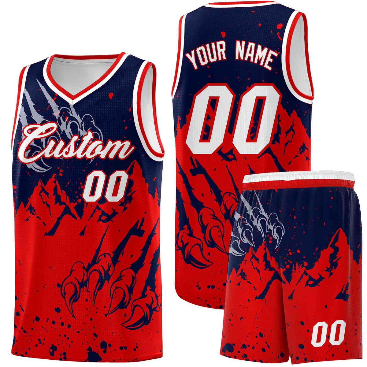 Custom Navy Red Snow Mountain Beast Pattern Sports Uniform Basketball Jersey