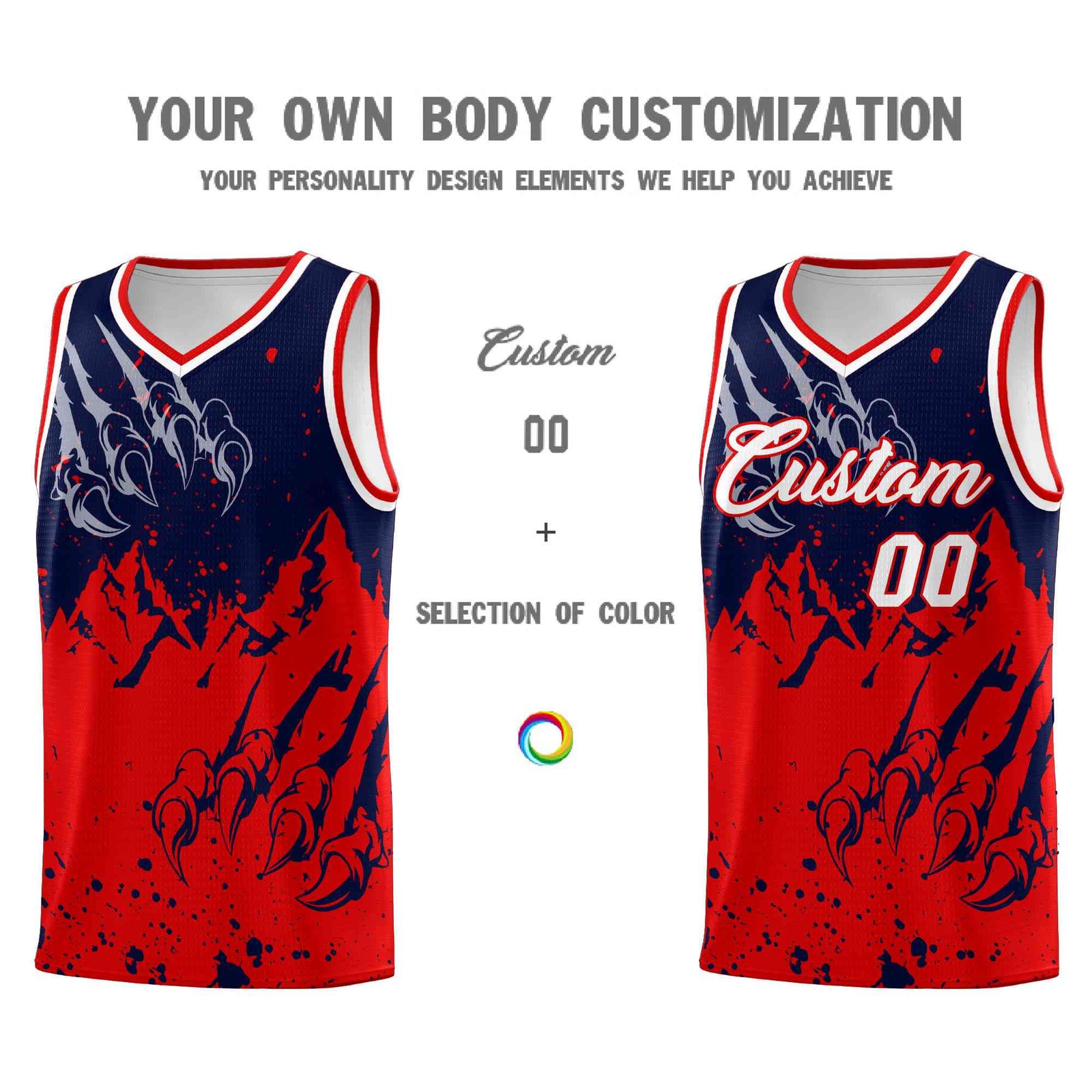 Custom Navy Red Snow Mountain Beast Pattern Sports Uniform Basketball Jersey