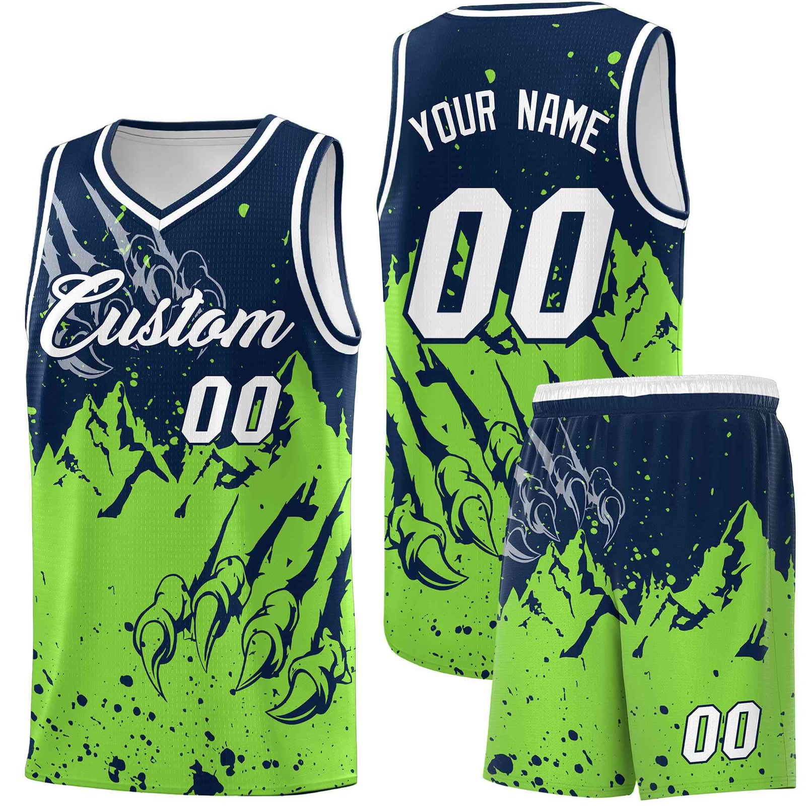 Custom Navy Fluorescent Green Snow Mountain Beast Pattern Sports Uniform Basketball Jersey