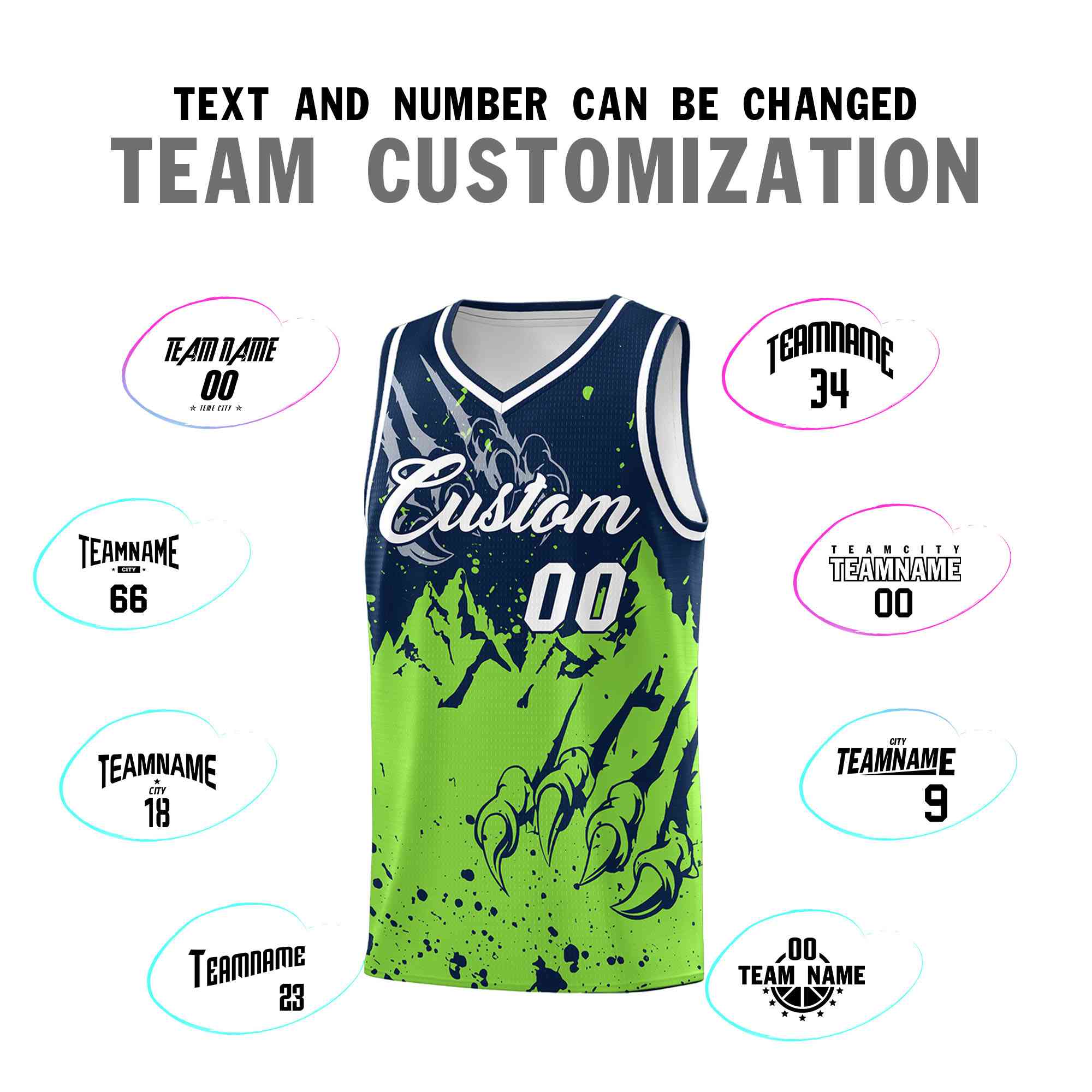 Custom Navy Fluorescent Green Snow Mountain Beast Pattern Sports Uniform Basketball Jersey