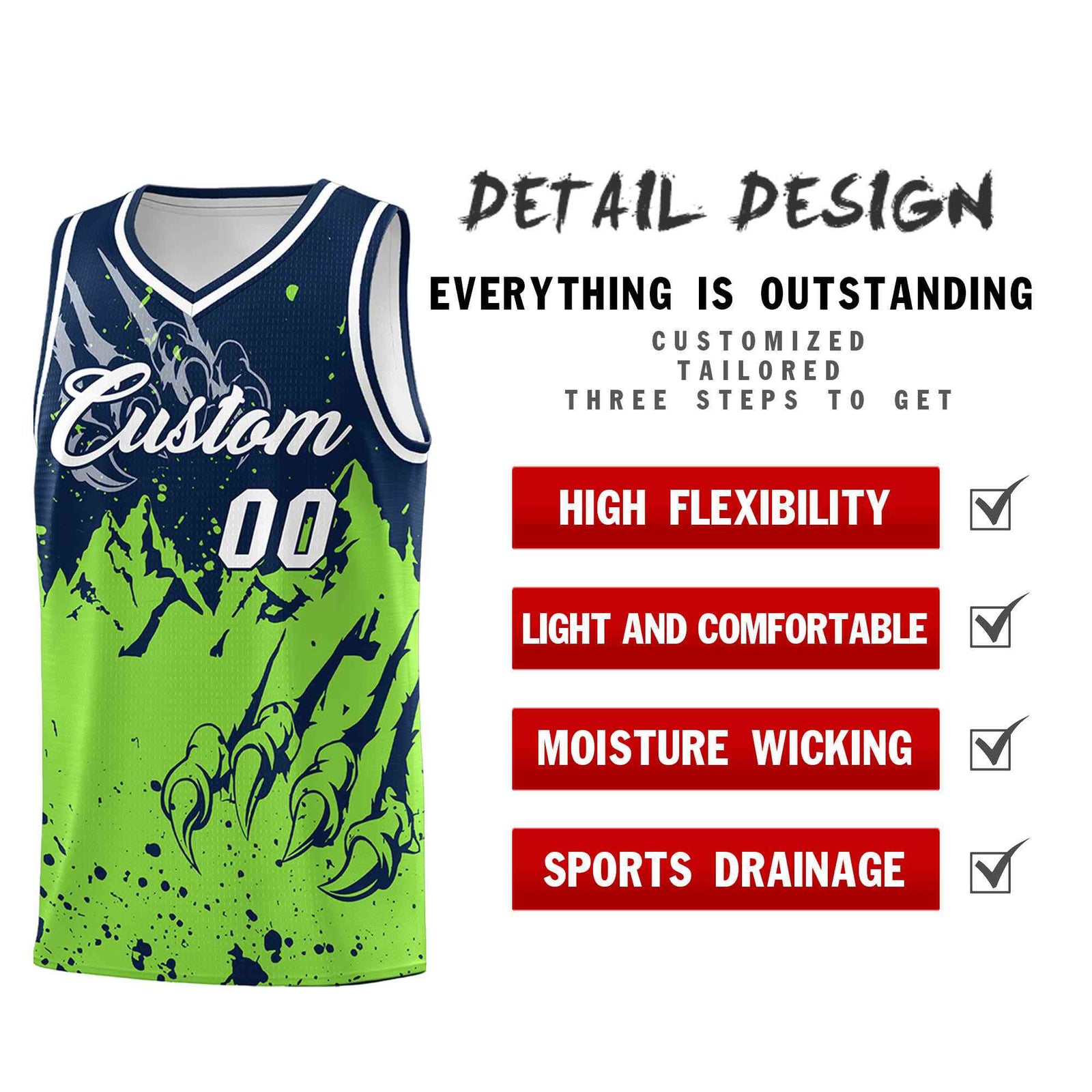 Custom Navy Fluorescent Green Snow Mountain Beast Pattern Sports Uniform Basketball Jersey