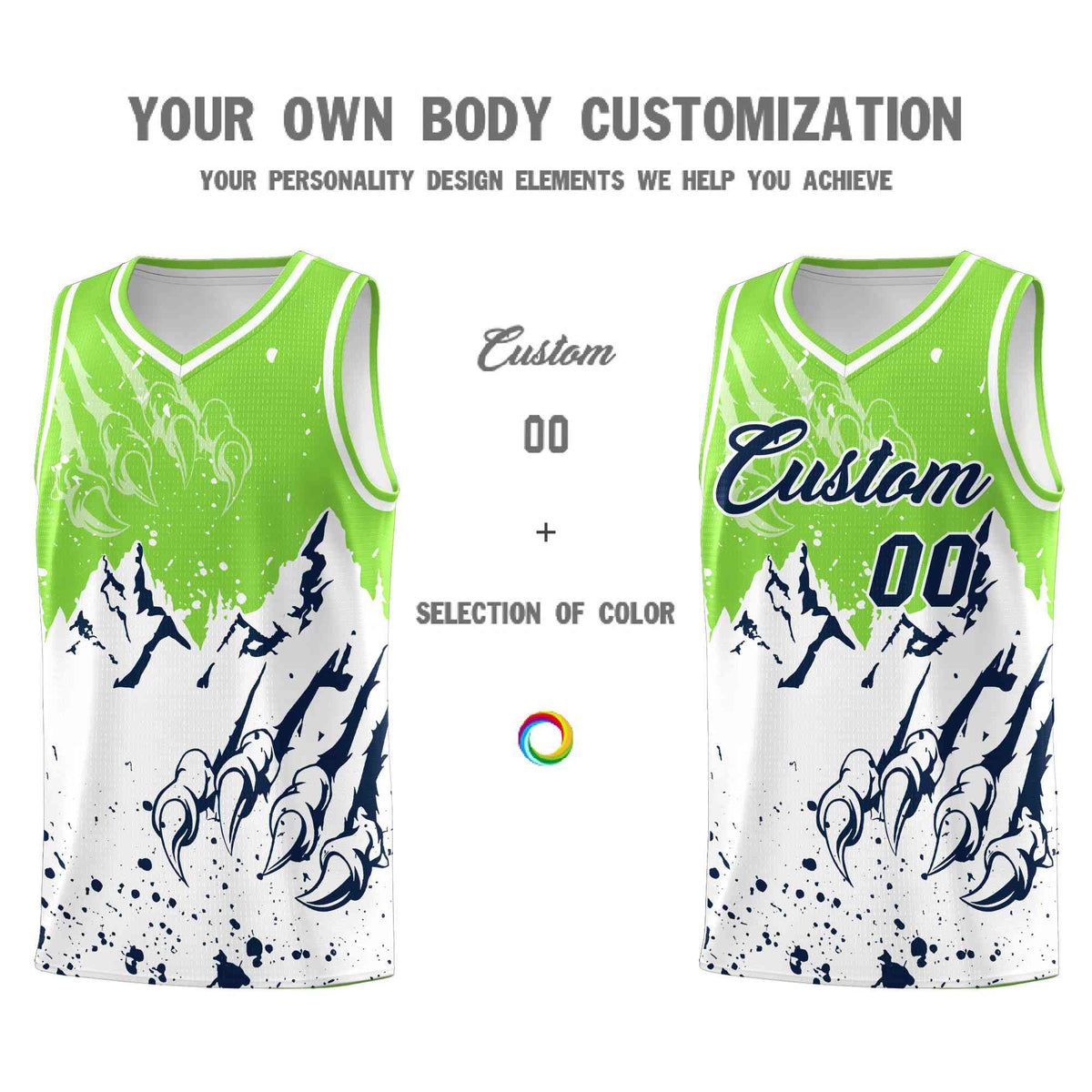 Custom Fluorescent Green White Snow Mountain Beast Pattern Sports Uniform Basketball Jersey