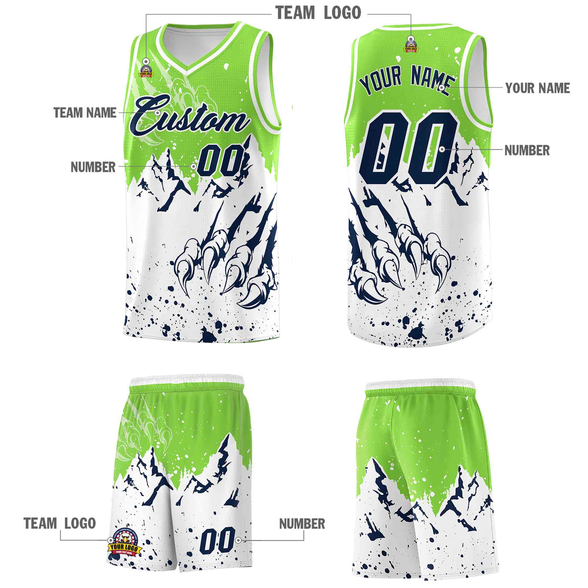 Custom Fluorescent Green White Snow Mountain Beast Pattern Sports Uniform Basketball Jersey