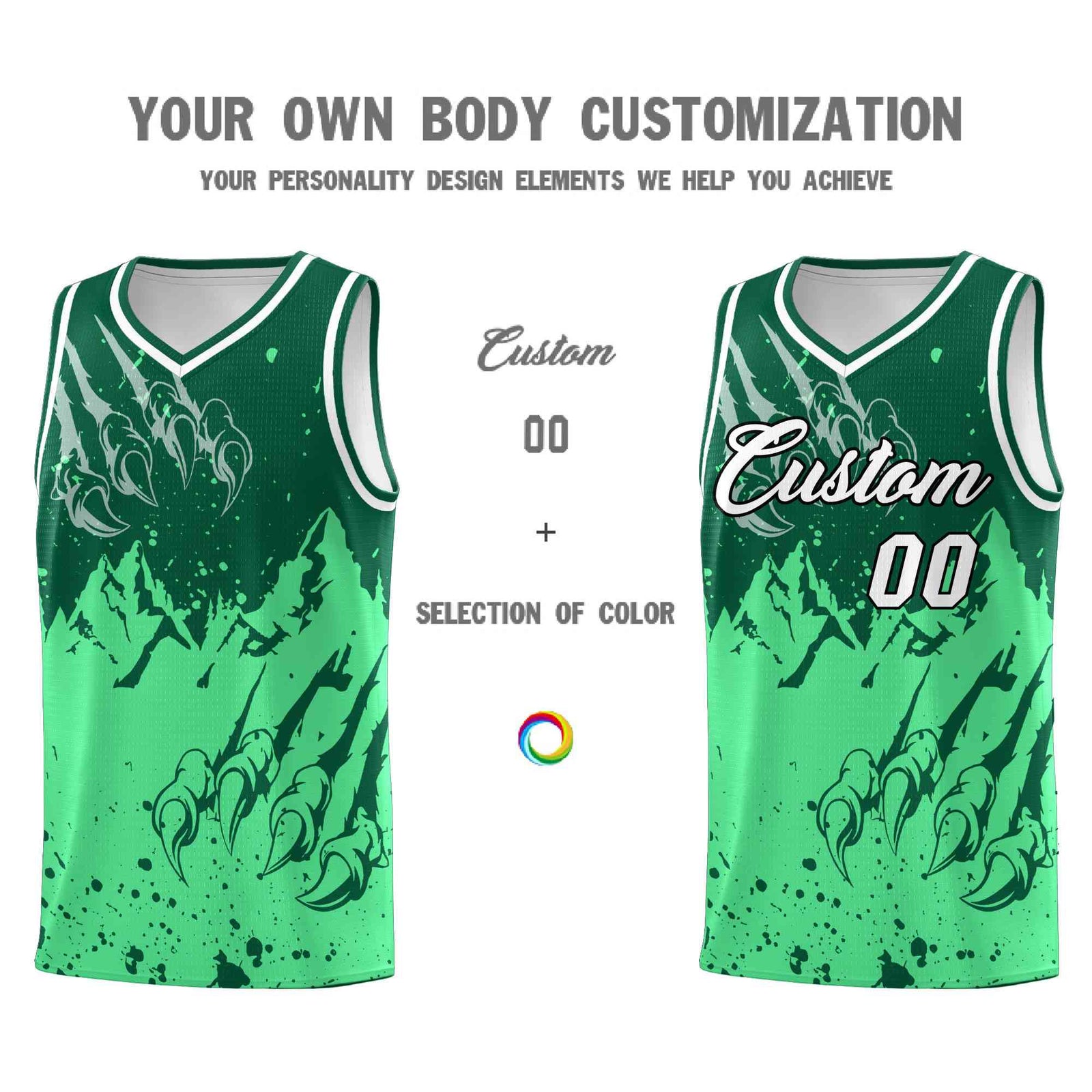 Custom Kelly Green Green Snow Mountain Beast Pattern Sports Uniform Basketball Jersey