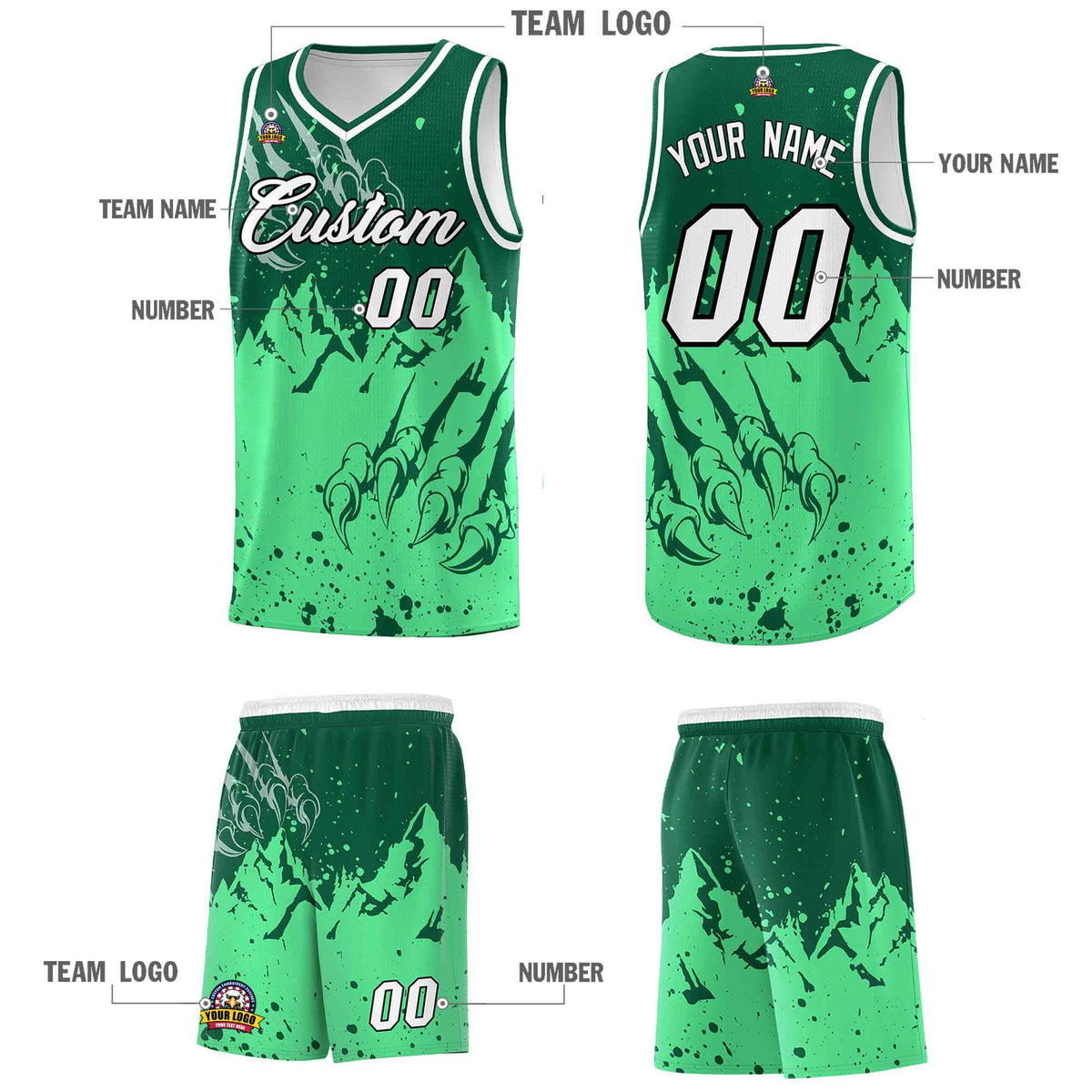 Custom Kelly Green Green Snow Mountain Beast Pattern Sports Uniform Basketball Jersey