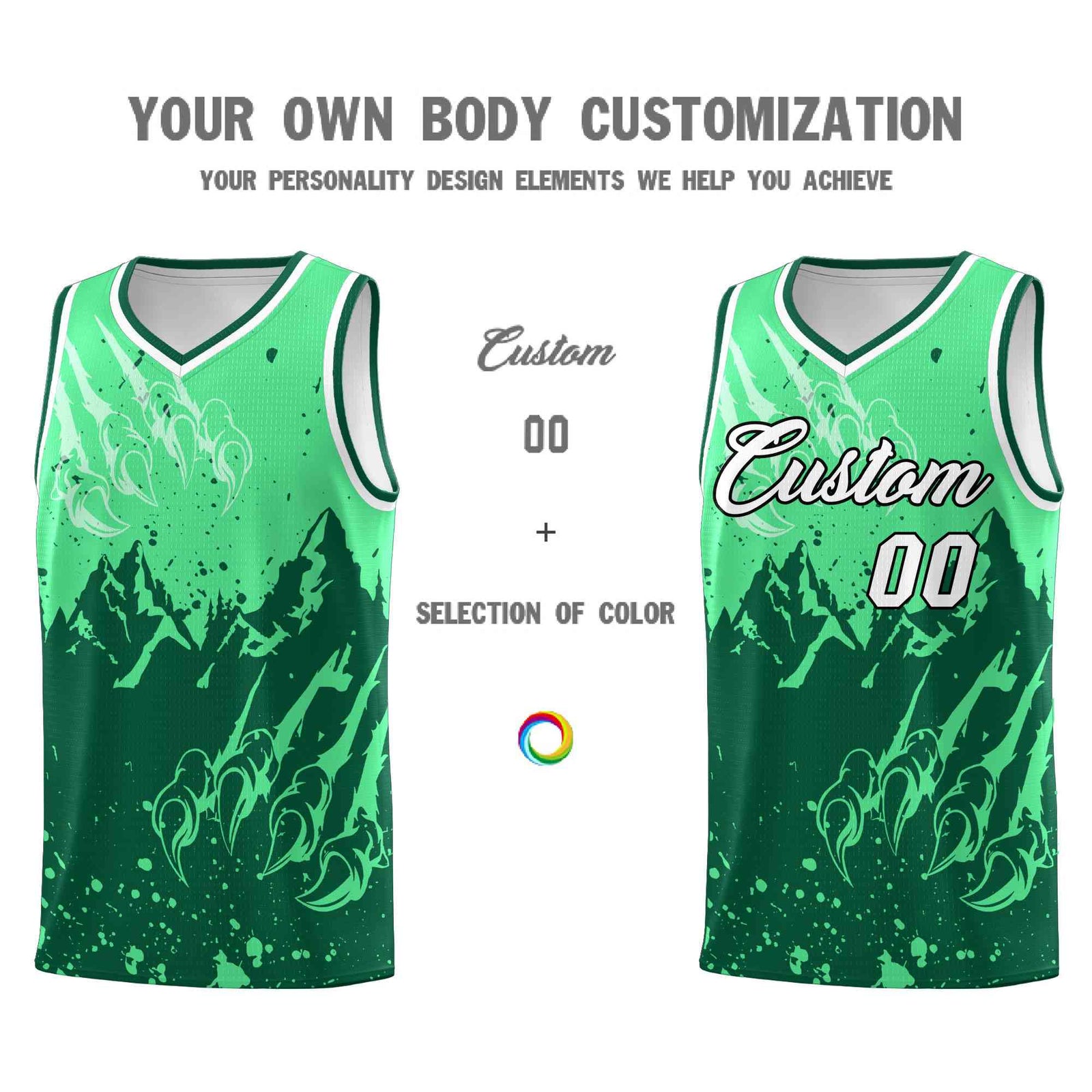 Custom Green Kelly Green Snow Mountain Beast Pattern Sports Uniform Basketball Jersey
