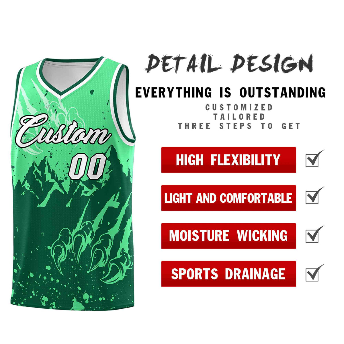 Custom Green Kelly Green Snow Mountain Beast Pattern Sports Uniform Basketball Jersey