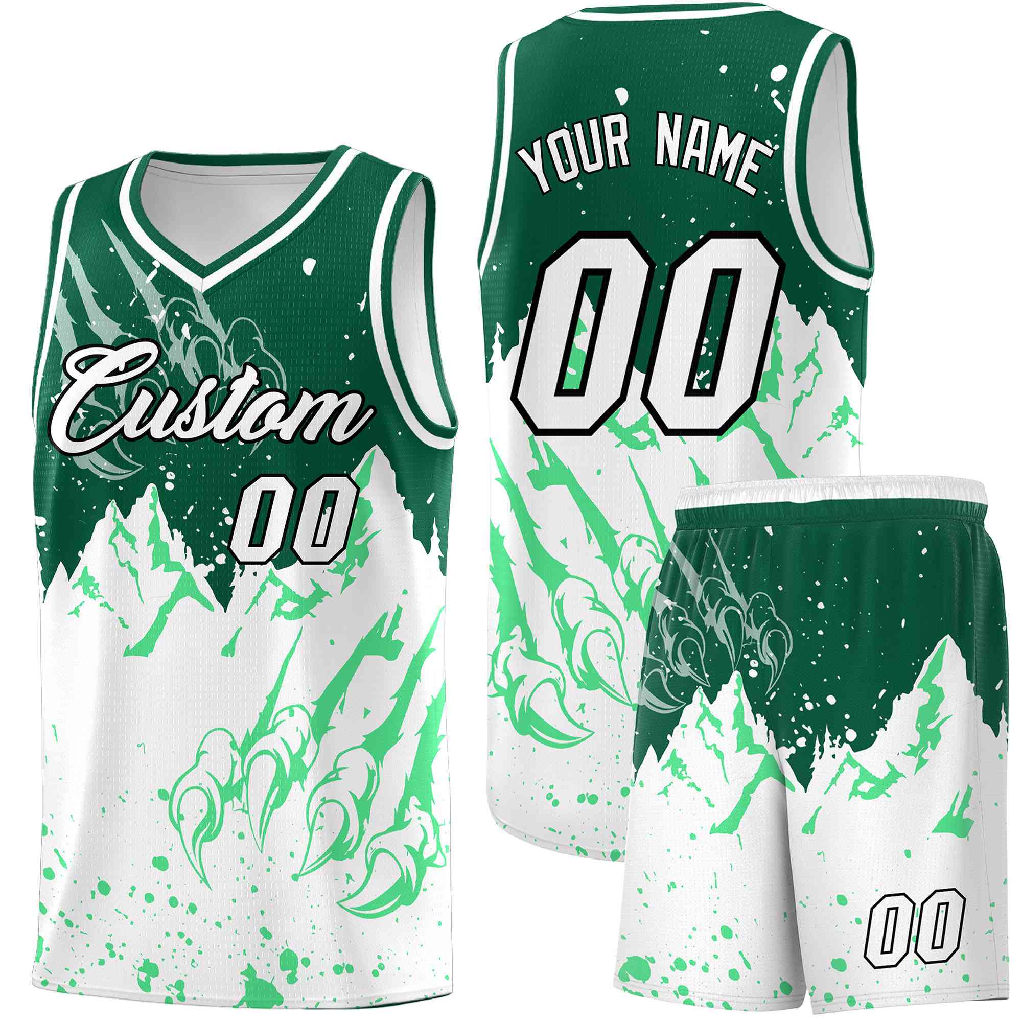 Custom Kelly Green White Snow Mountain Beast Pattern Sports Uniform Basketball Jersey