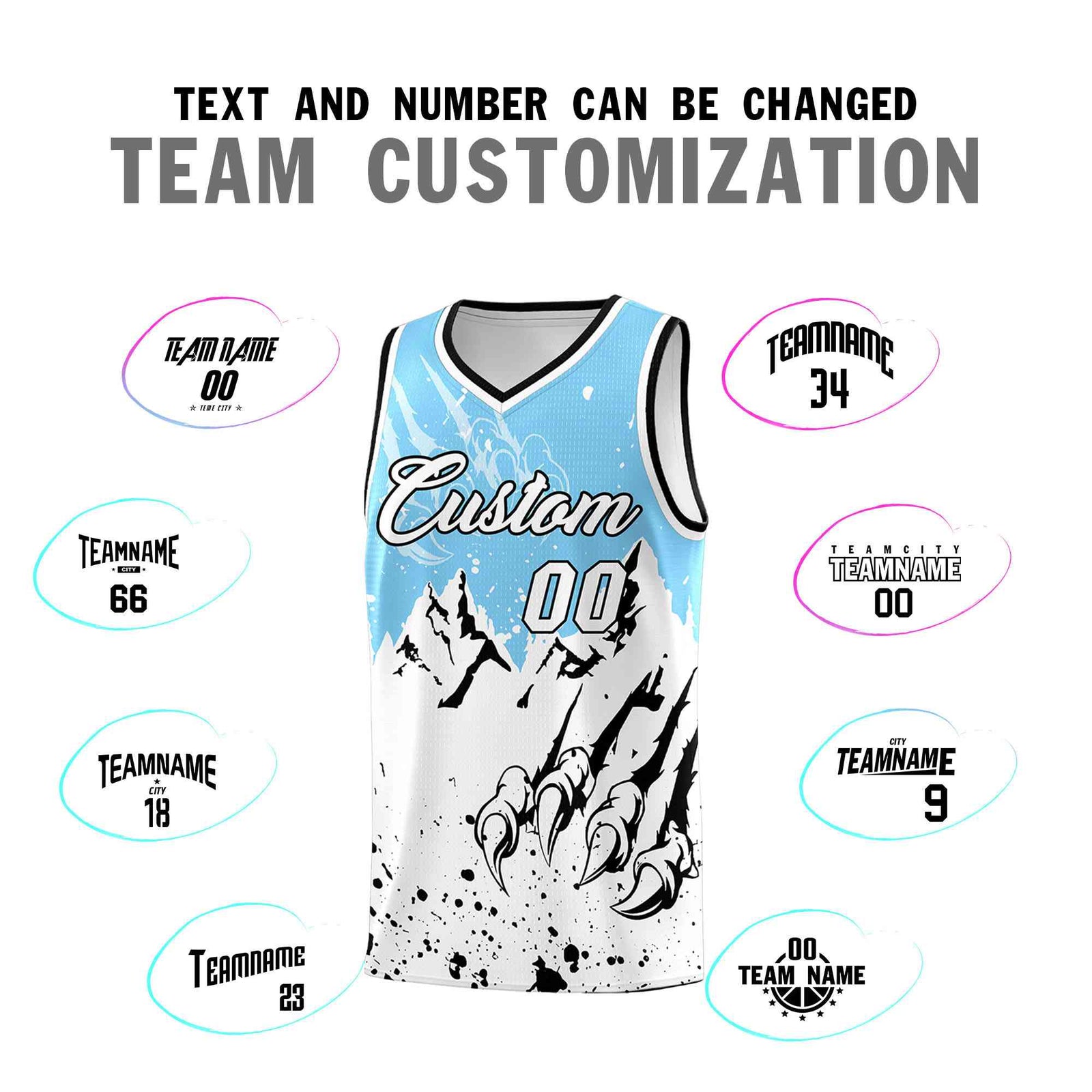 Custom Light Blue White Snow Mountain Beast Pattern Sports Uniform Basketball Jersey