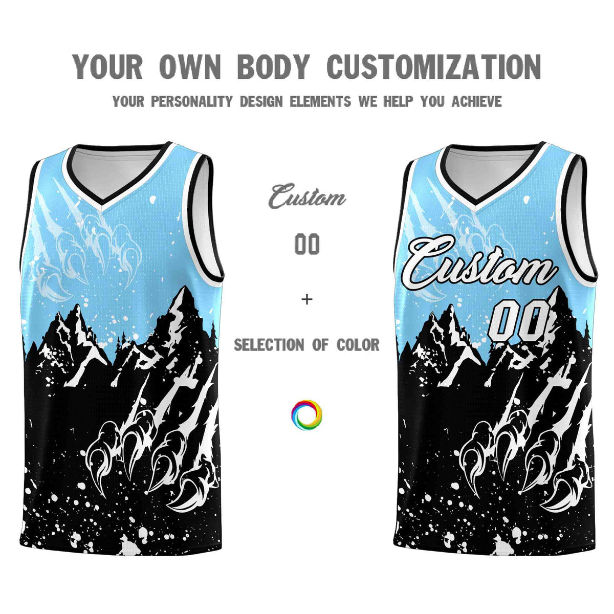 Custom Light Blue Black Snow Mountain Beast Pattern Sports Uniform Basketball Jersey