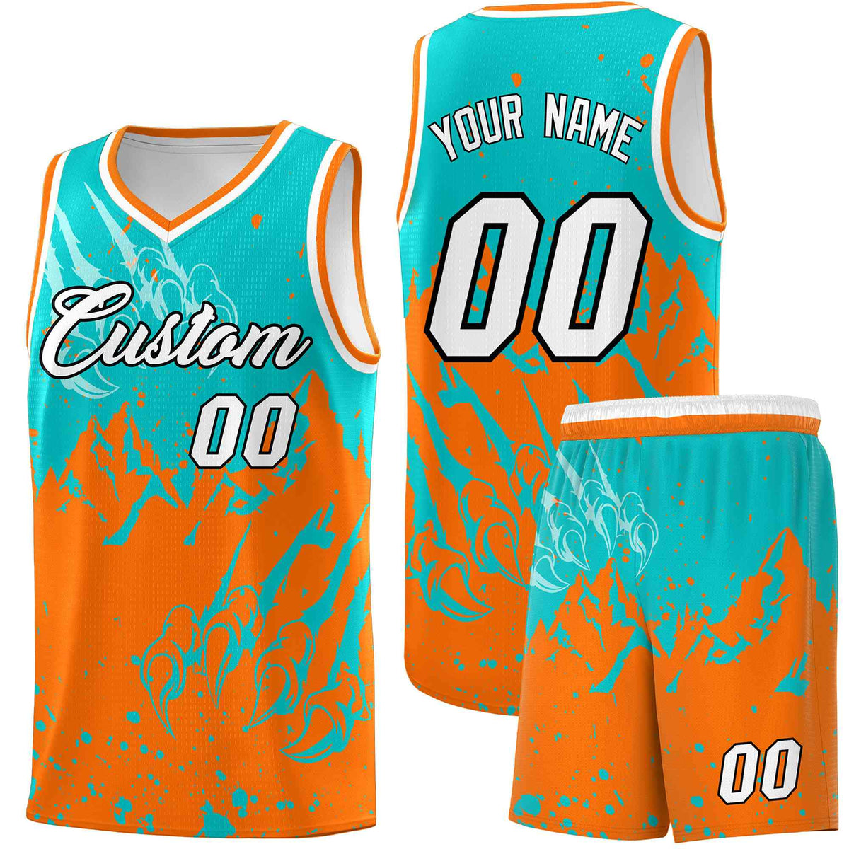 Custom Aqua Orange Snow Mountain Beast Pattern Sports Uniform Basketball Jersey