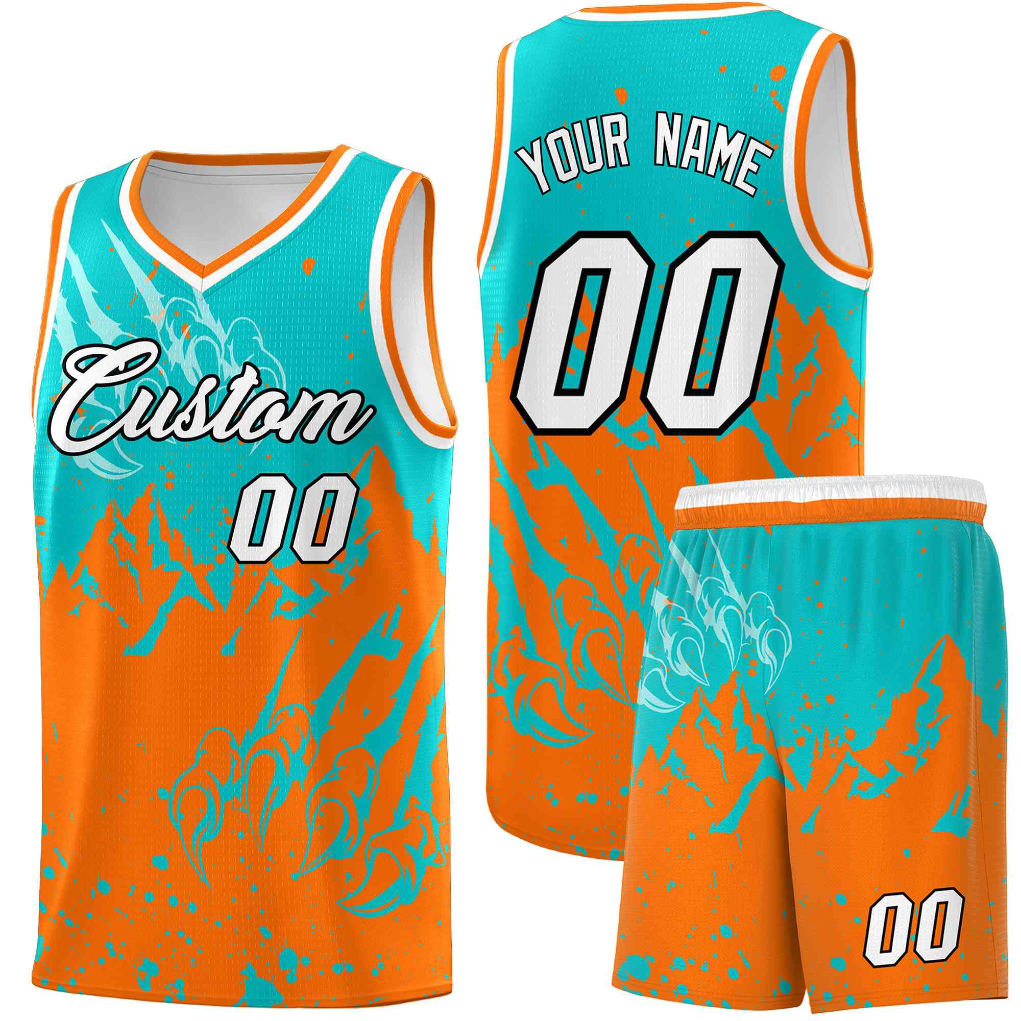 Custom Aqua Orange Snow Mountain Beast Pattern Sports Uniform Basketball Jersey