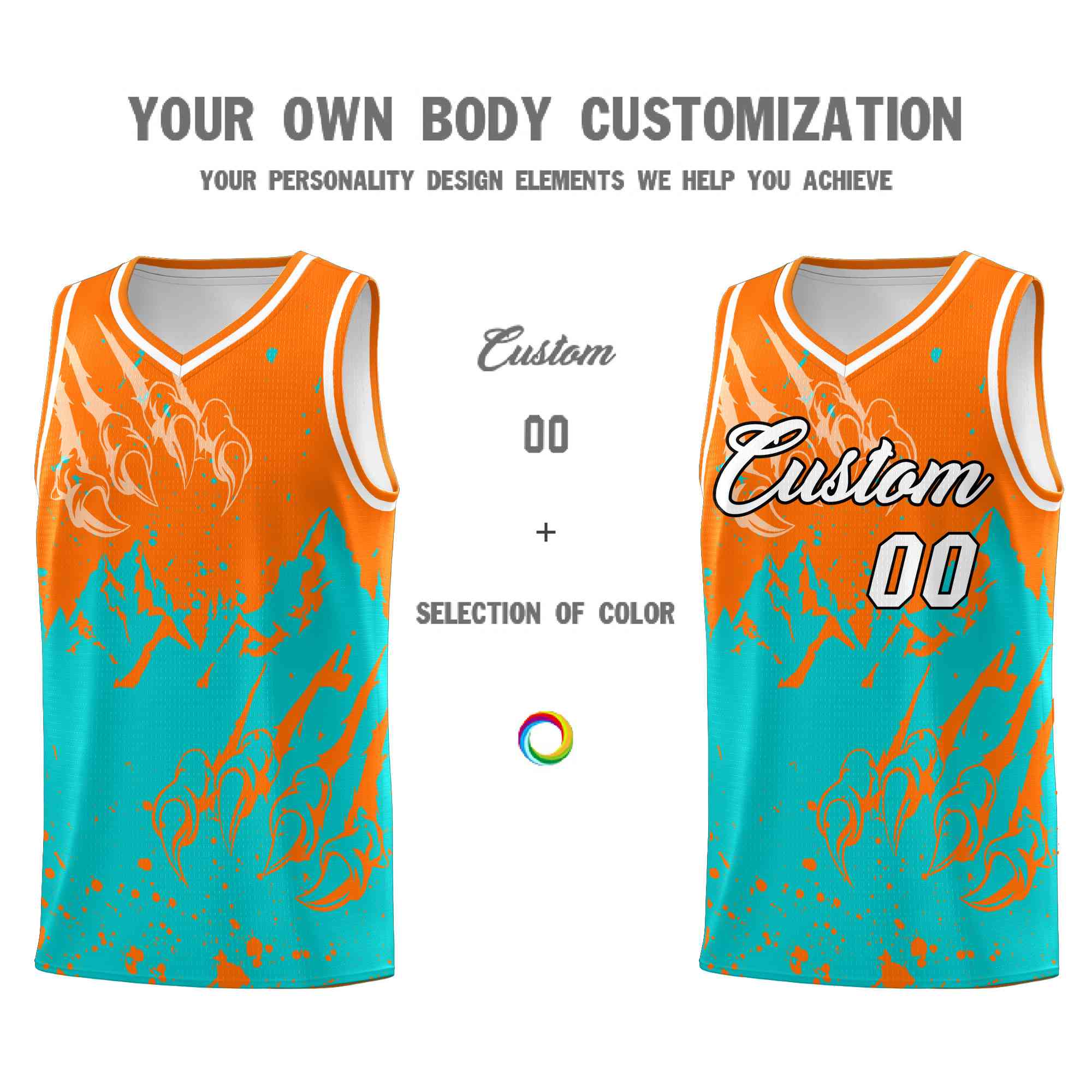 Custom Orange Aqua Snow Mountain Beast Pattern Sports Uniform Basketball Jersey