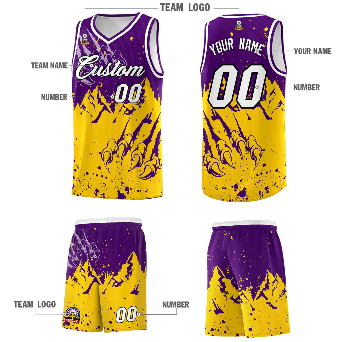Custom Purple Gold Snow Mountain Beast Pattern Sports Uniform Basketball Jersey