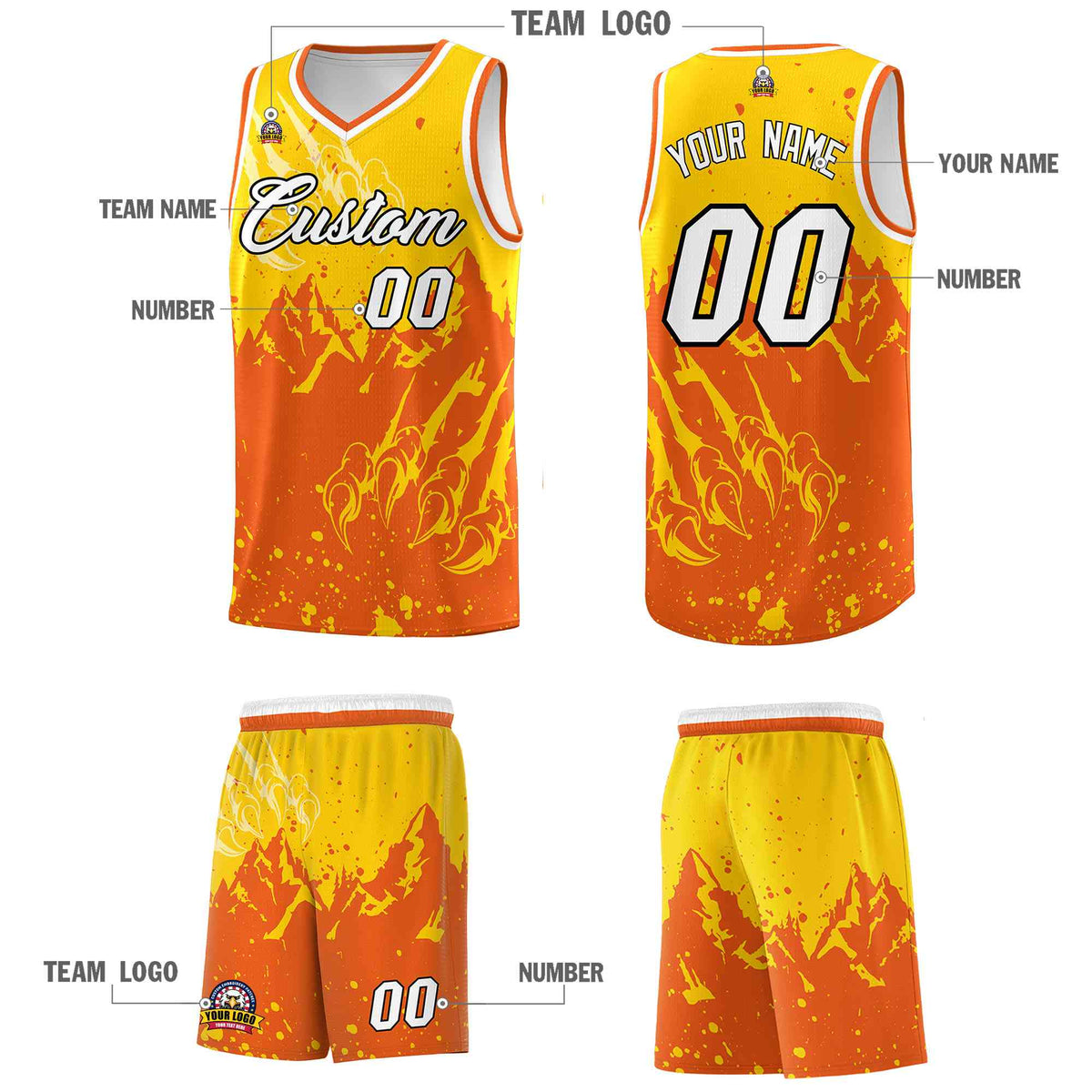 Custom Gold Orange Snow Mountain Beast Pattern Sports Uniform Basketball Jersey