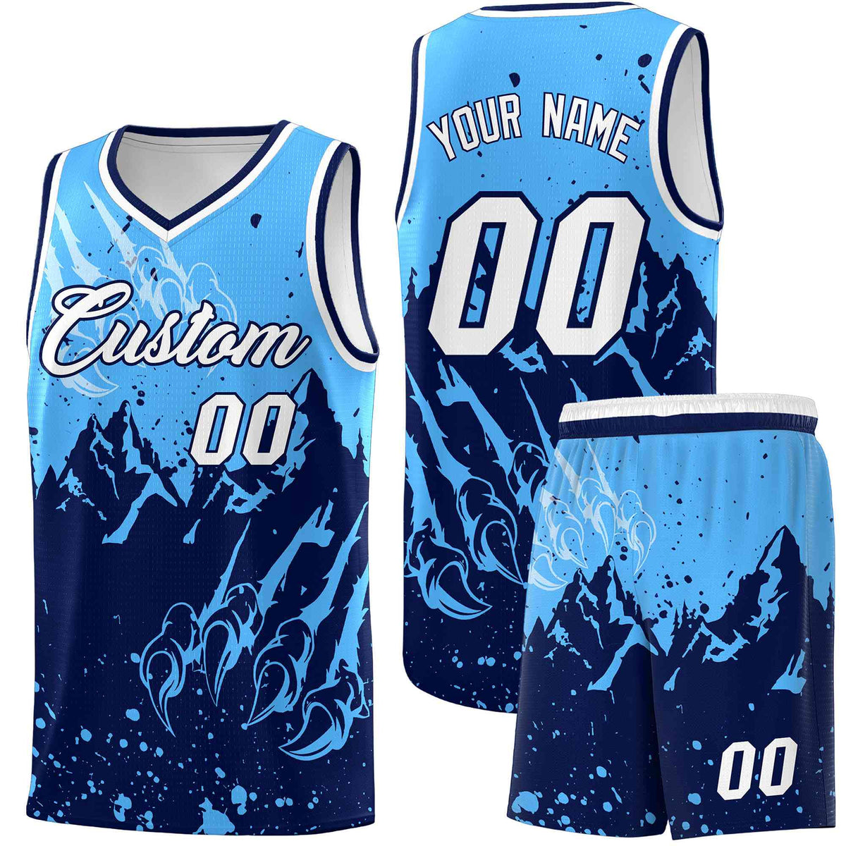 Custom Powder Blue Navy Snow Mountain Beast Pattern Sports Uniform Basketball Jersey