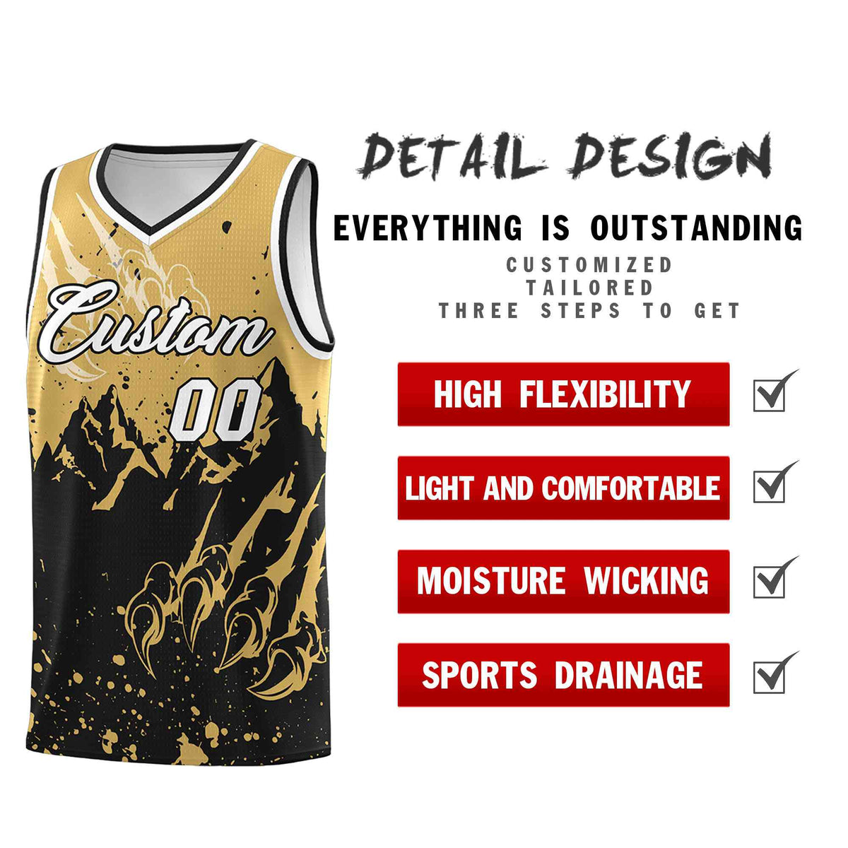 Custom Old Gold Black Snow Mountain Beast Pattern Sports Uniform Basketball Jersey