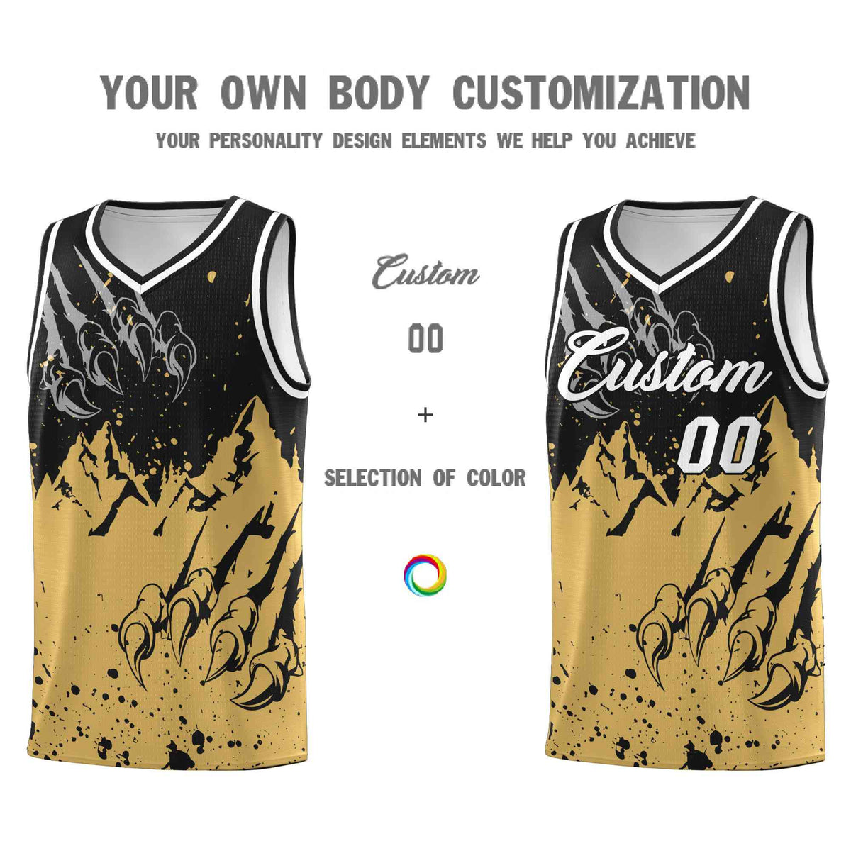 Custom Black Old Gold Snow Mountain Beast Pattern Sports Uniform Basketball Jersey