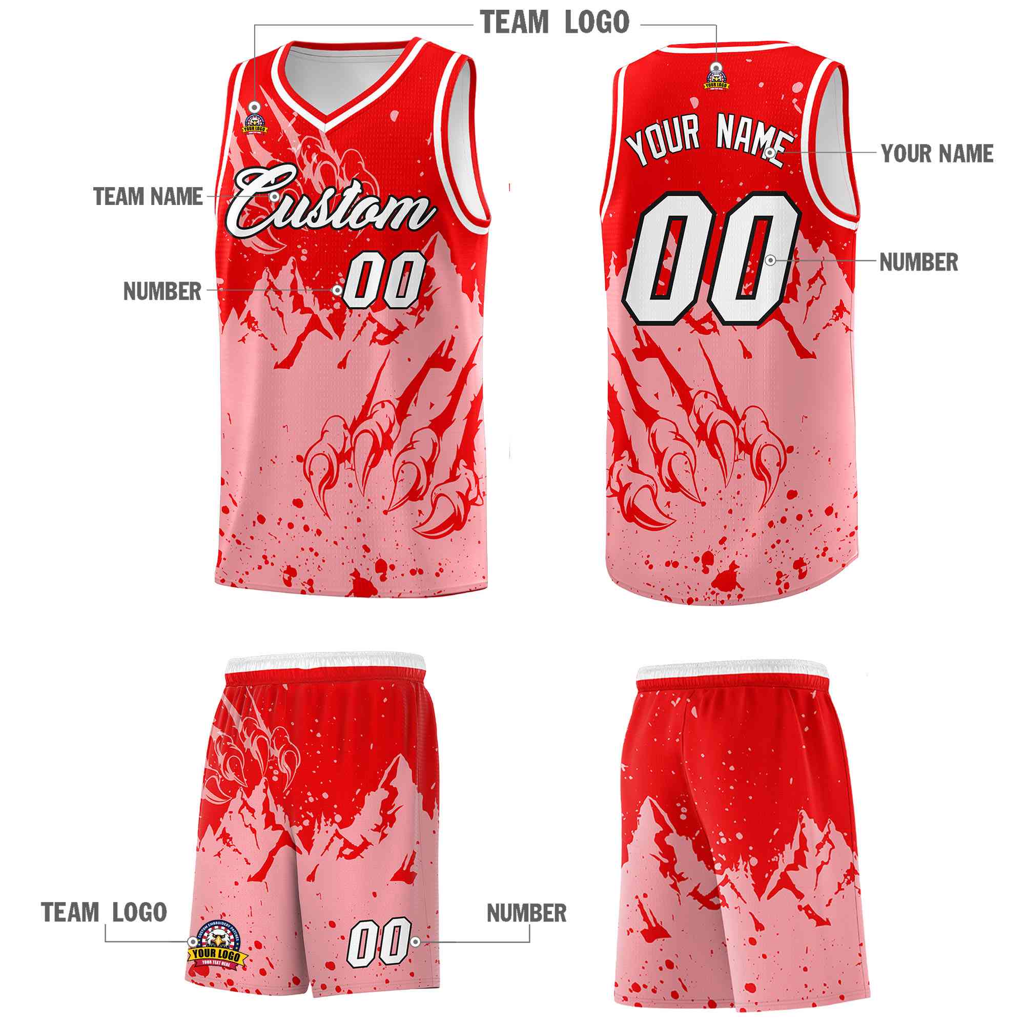 Custom Light Red Light Pink Snow Mountain Beast Pattern Sports Uniform Basketball Jersey
