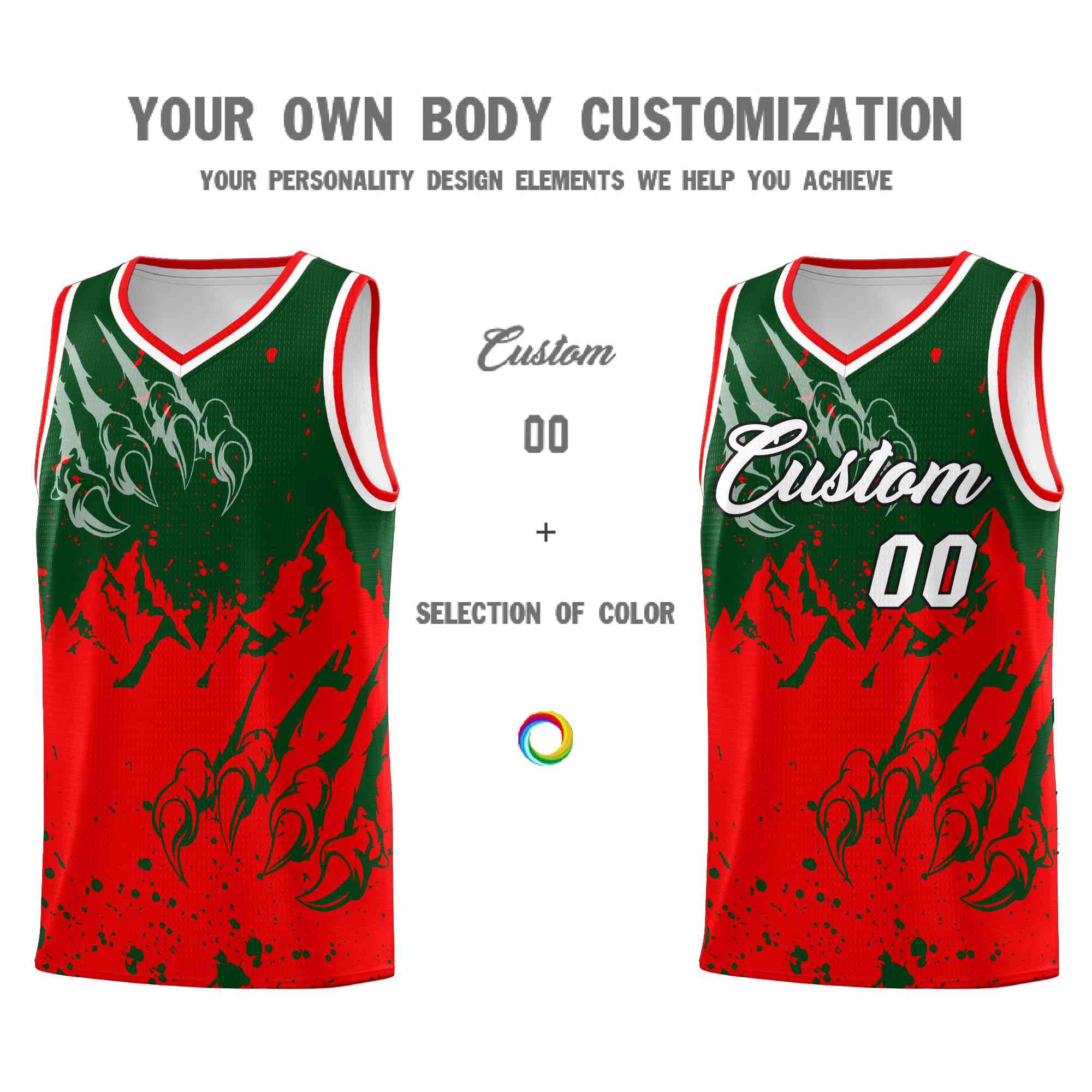 Custom Green Light Red Snow Mountain Beast Pattern Sports Uniform Basketball Jersey