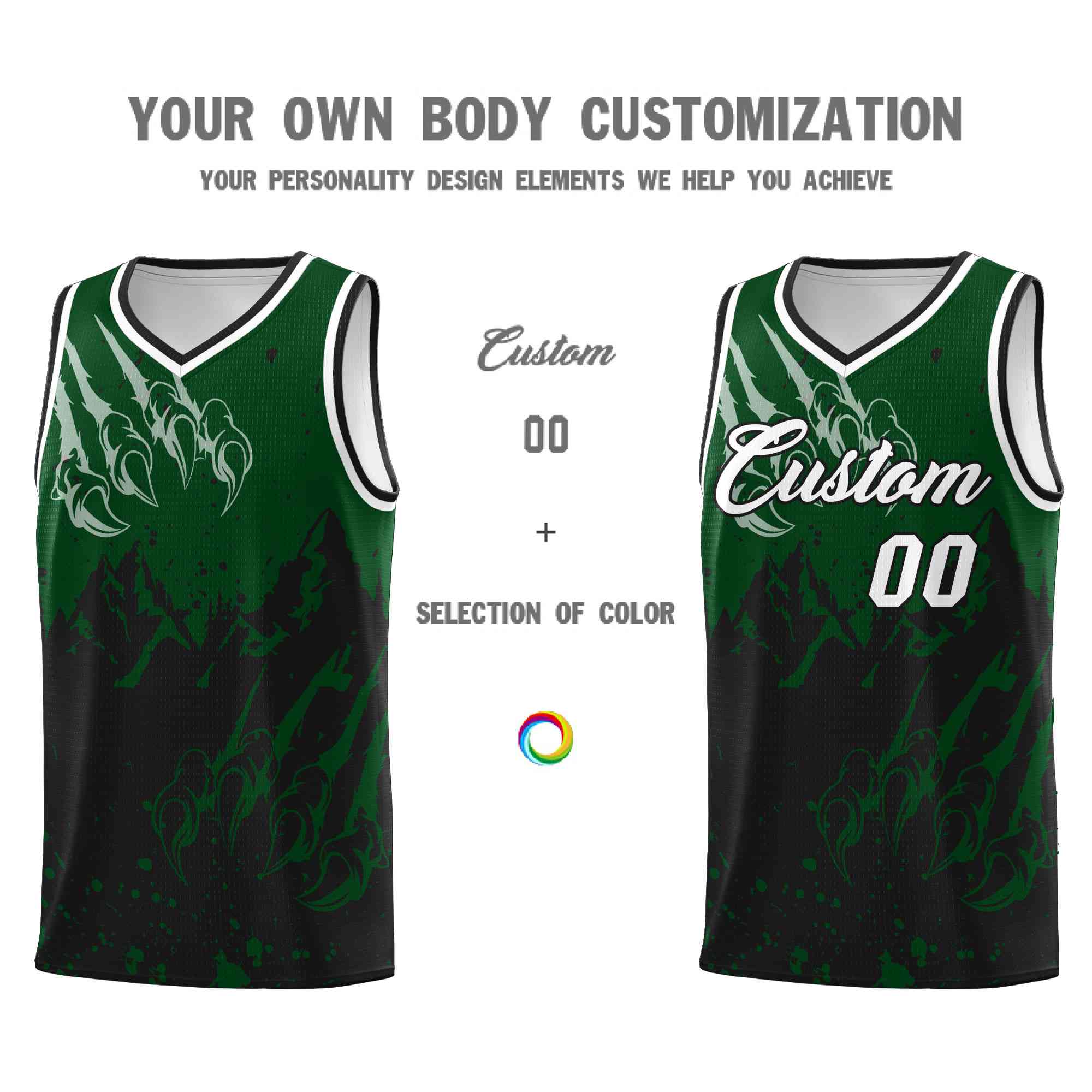 Custom Green Black Snow Mountain Beast Pattern Sports Uniform Basketball Jersey