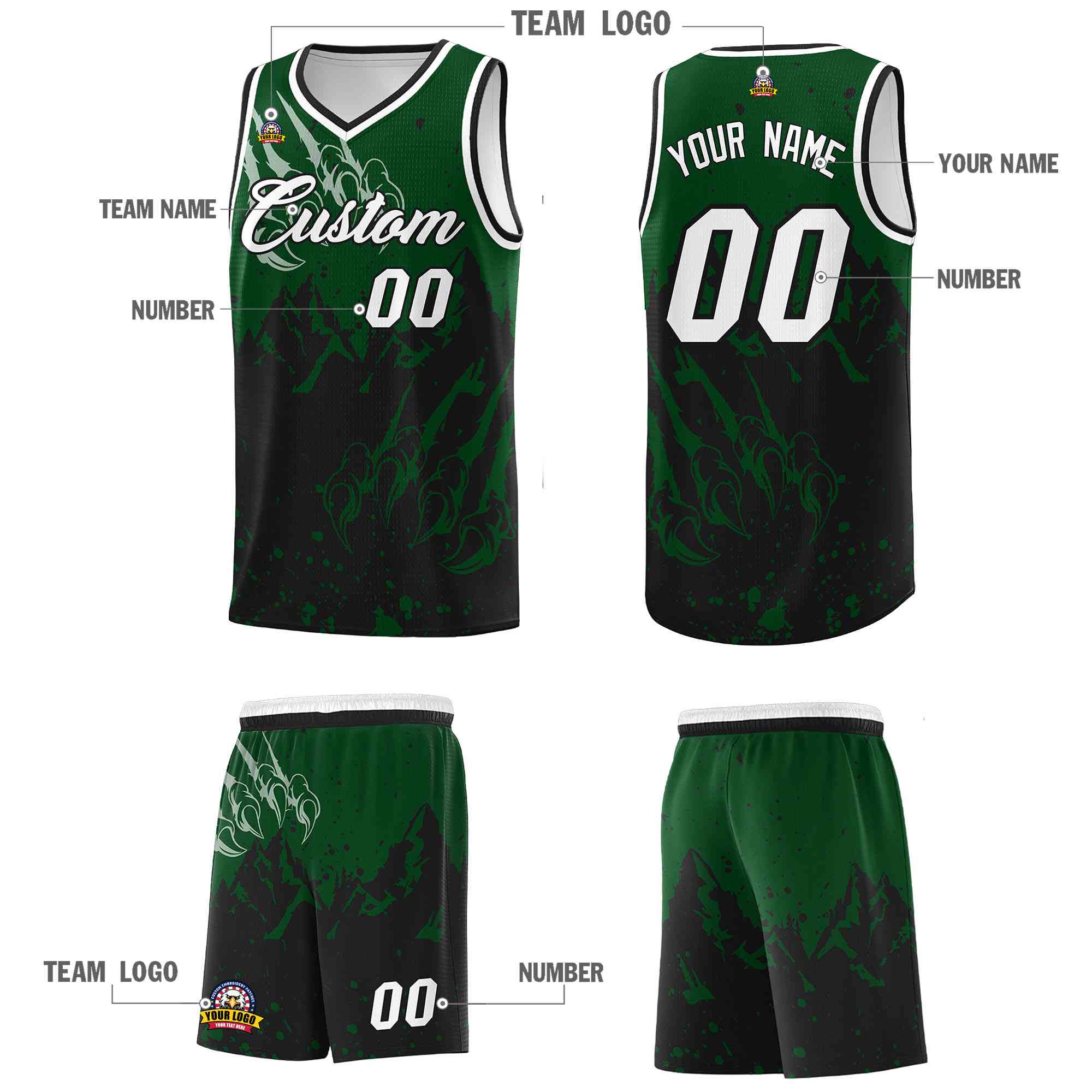 Custom Green Black Snow Mountain Beast Pattern Sports Uniform Basketball Jersey