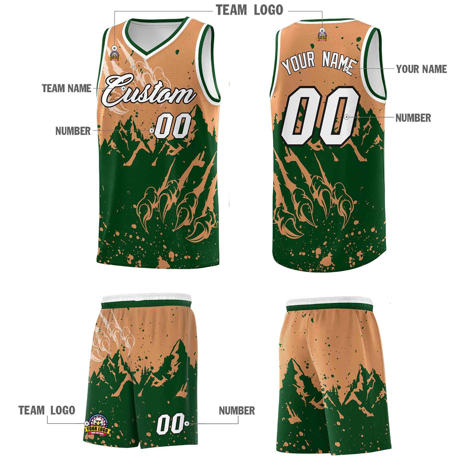 Custom Buckskin Brown Green Snow Mountain Beast Pattern Sports Uniform Basketball Jersey